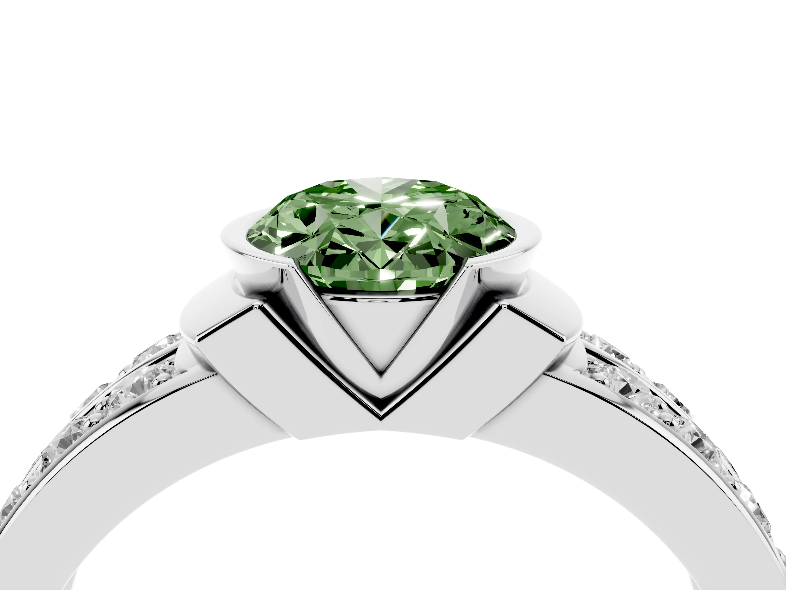Fancy Green Oval Cut Diamond Wide Channel Set Band Ring Set in Silver with Bezel Setting