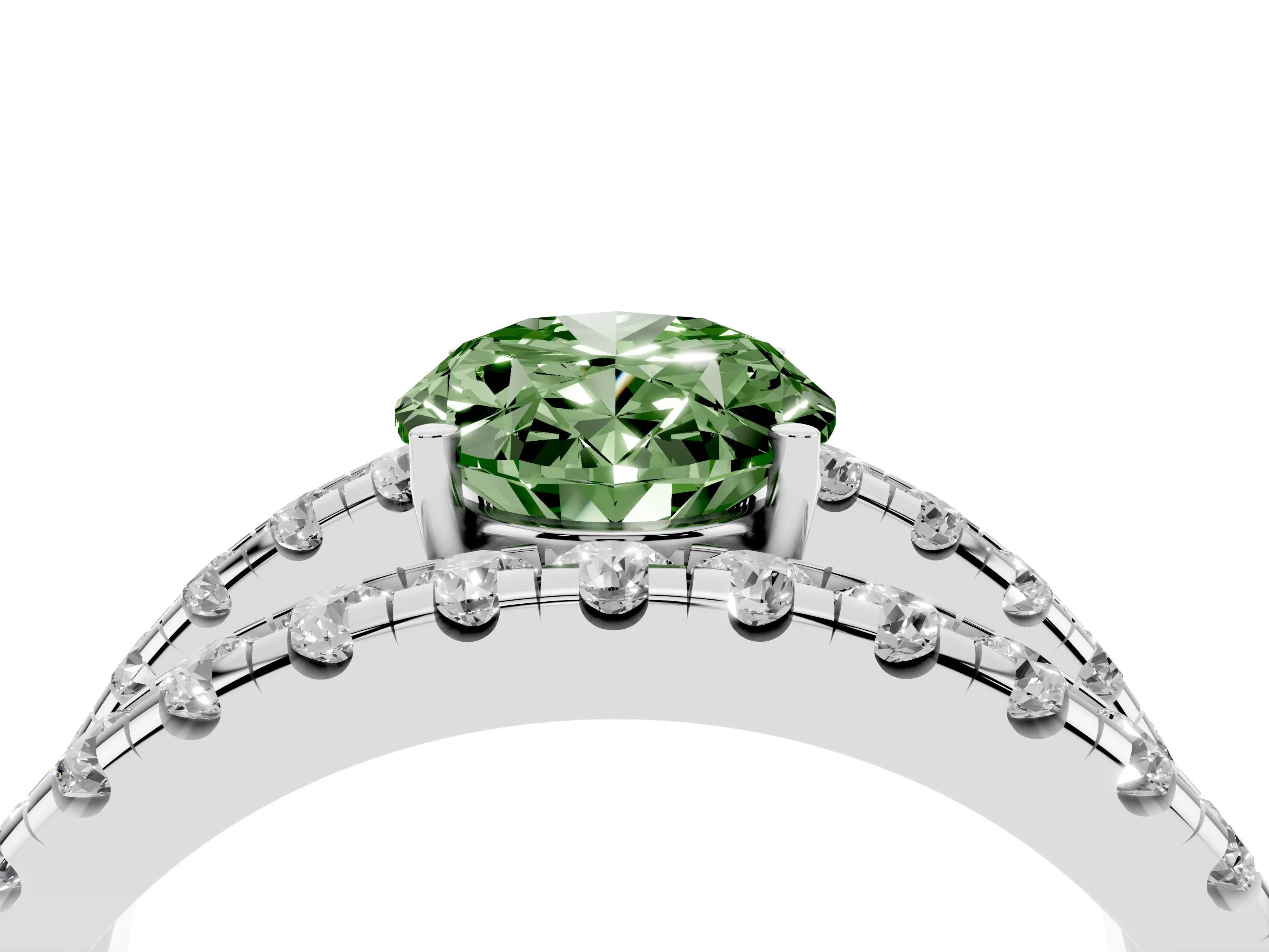 Fancy Green Oval Cut Diamond Split Shank Pavé Solitaire Ring Set in Platinum with Open Shank Design