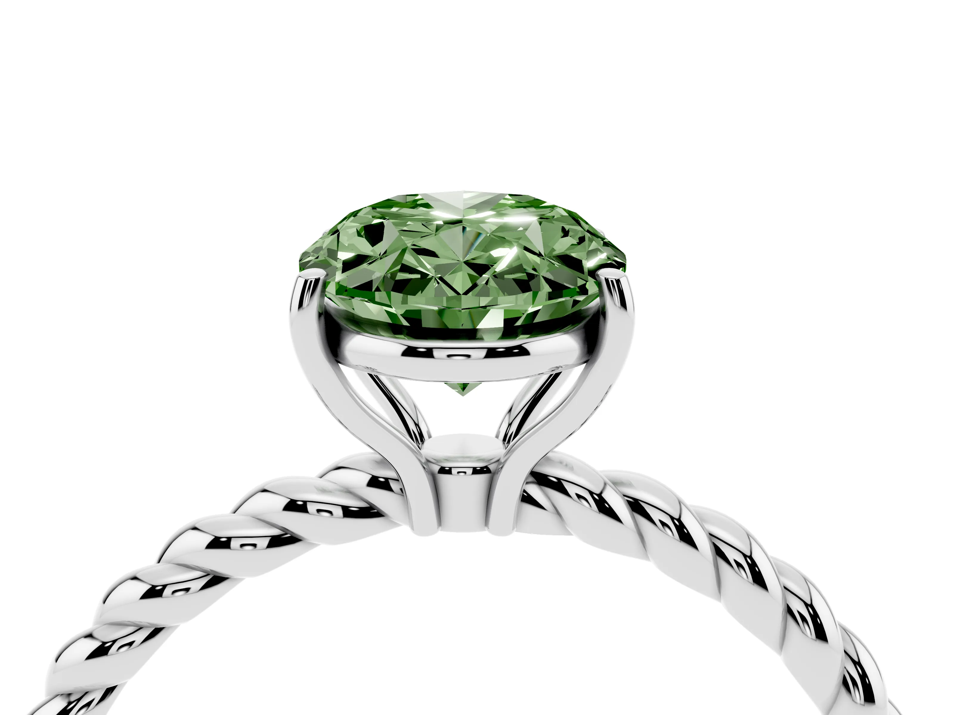 Fancy Green Oval Cut Diamond Solitaire Twisted Band Ring Set in Platinum with Prong Solitaire Setting