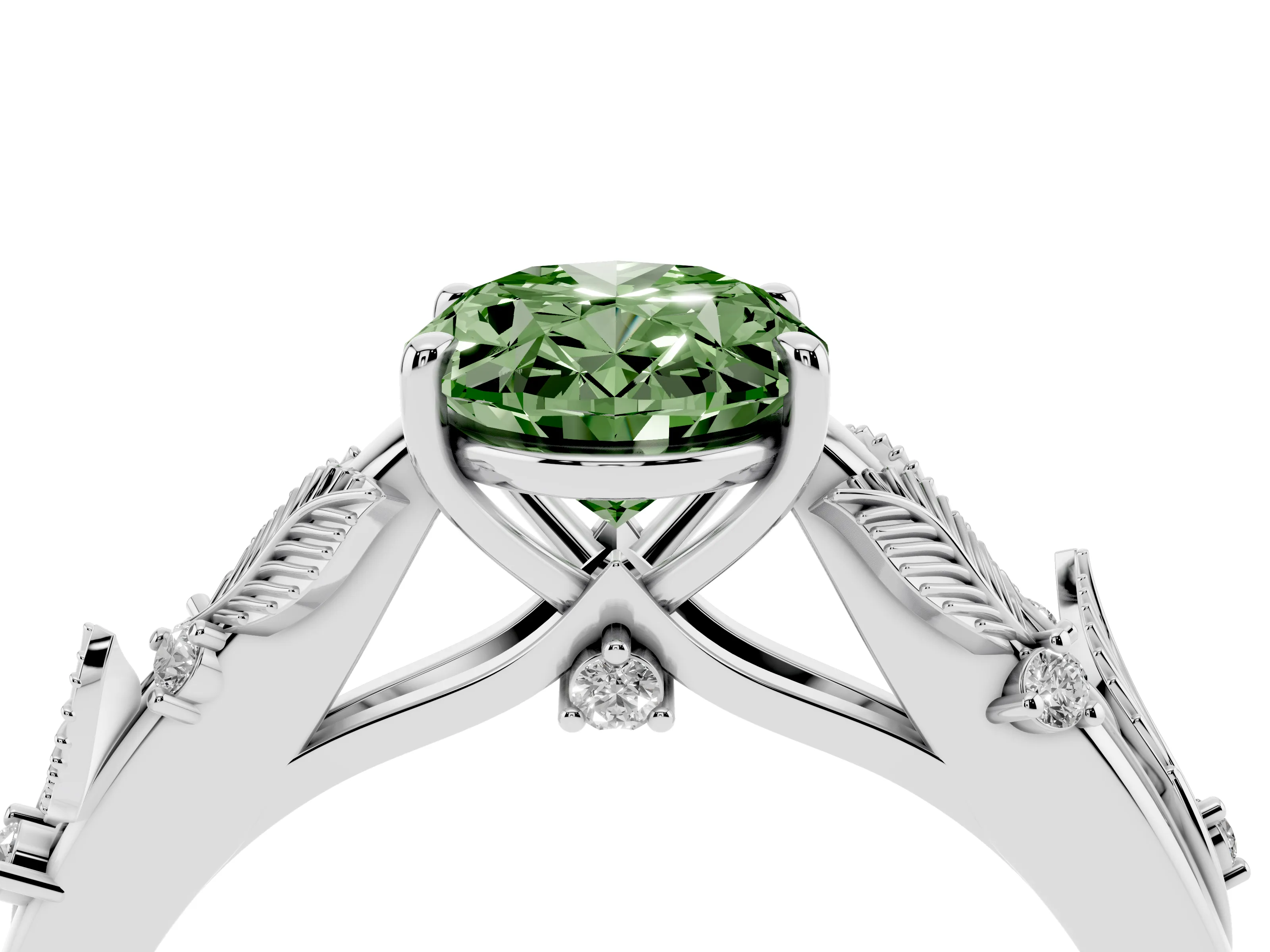 Fancy Green Oval Cut Diamond Solitaire Ring Set in Platinum with Leaf Motif Band