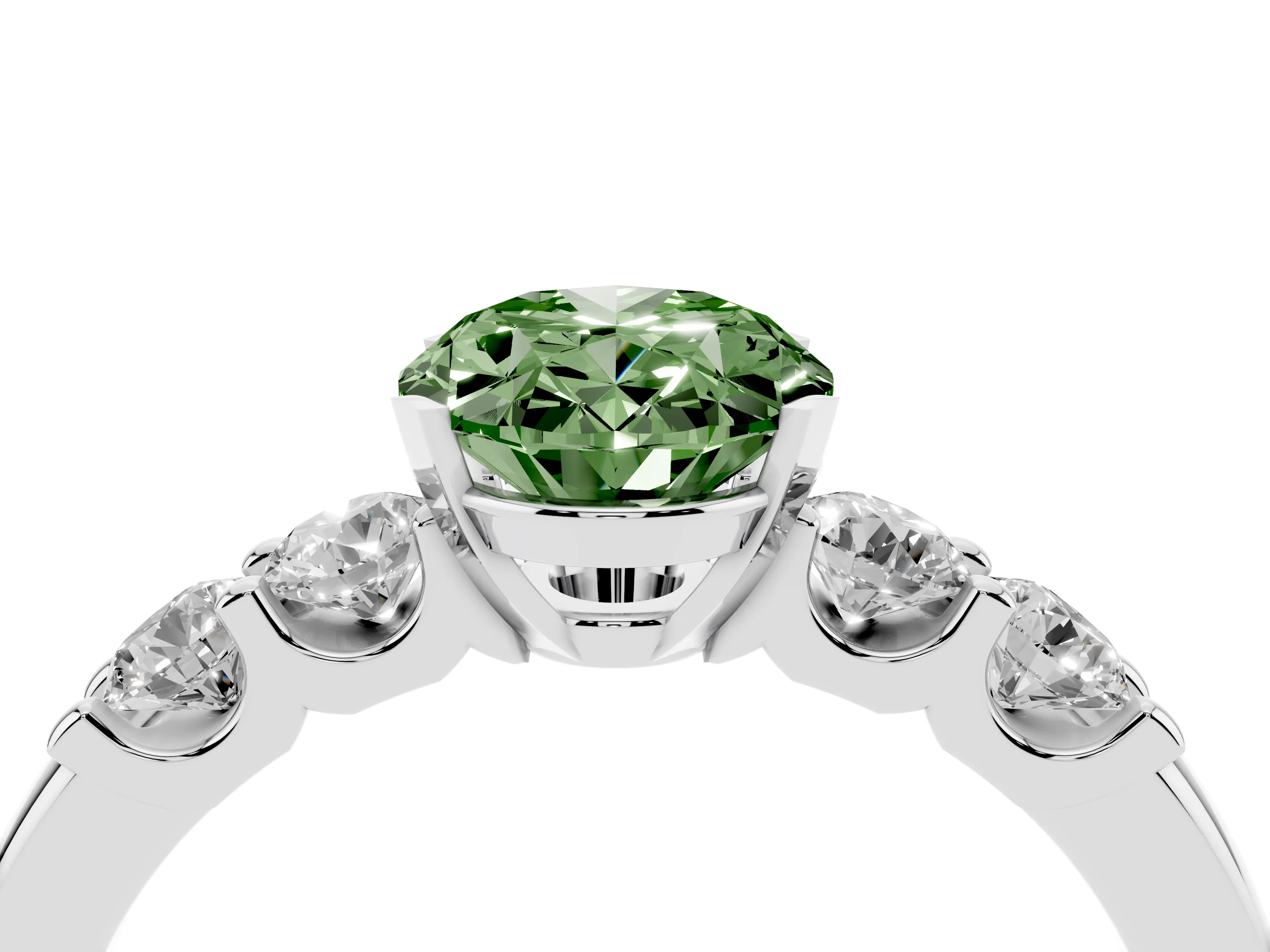 Fancy Green Oval Cut Diamond Five-Stone Prong Set Engagement Ring Set in Platinum with Channel Band