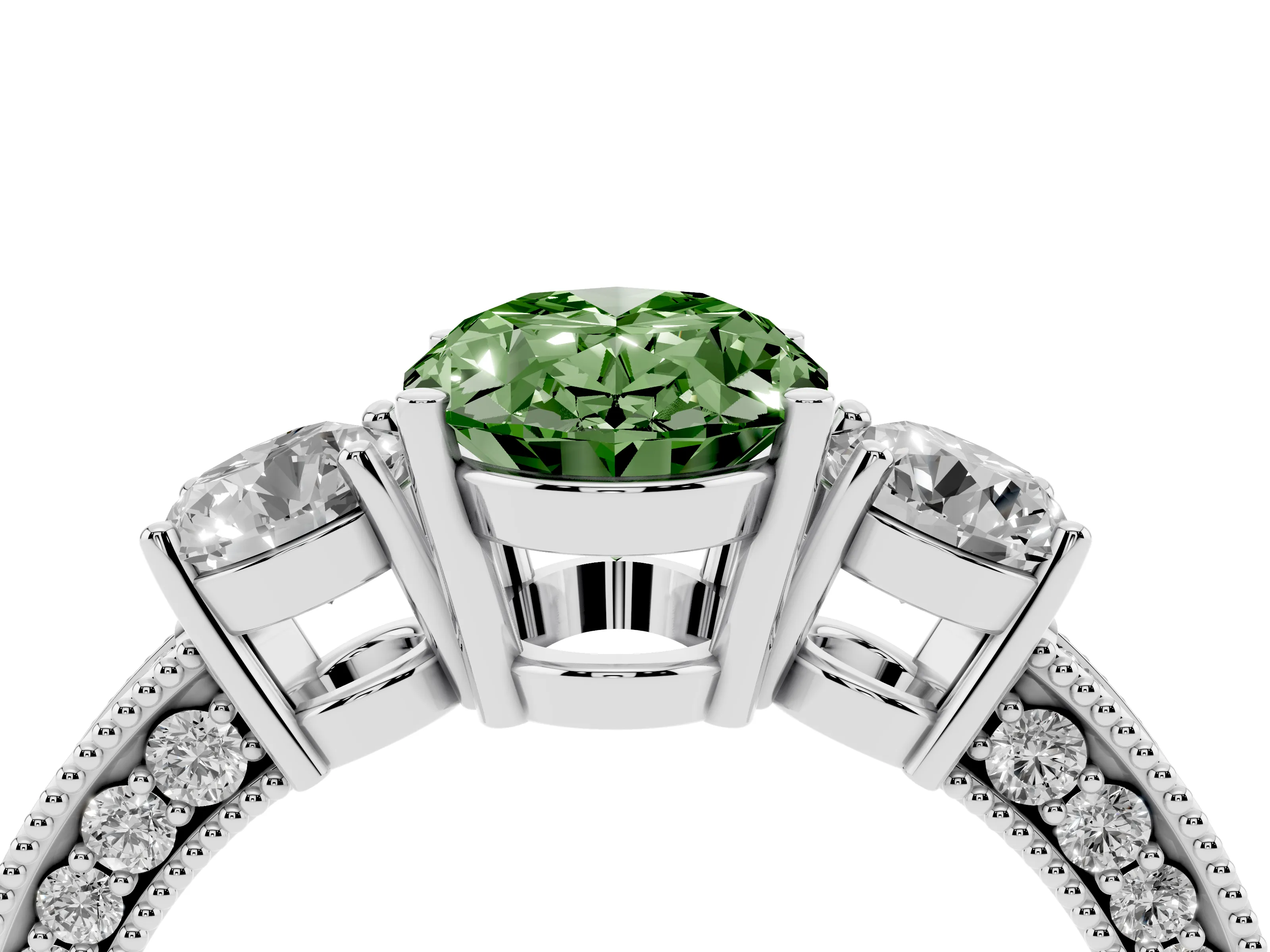 Fancy Green Oval Cut Diamond Three-Stone Ring Set in Platinum with Round Side Stones and Pavé Band