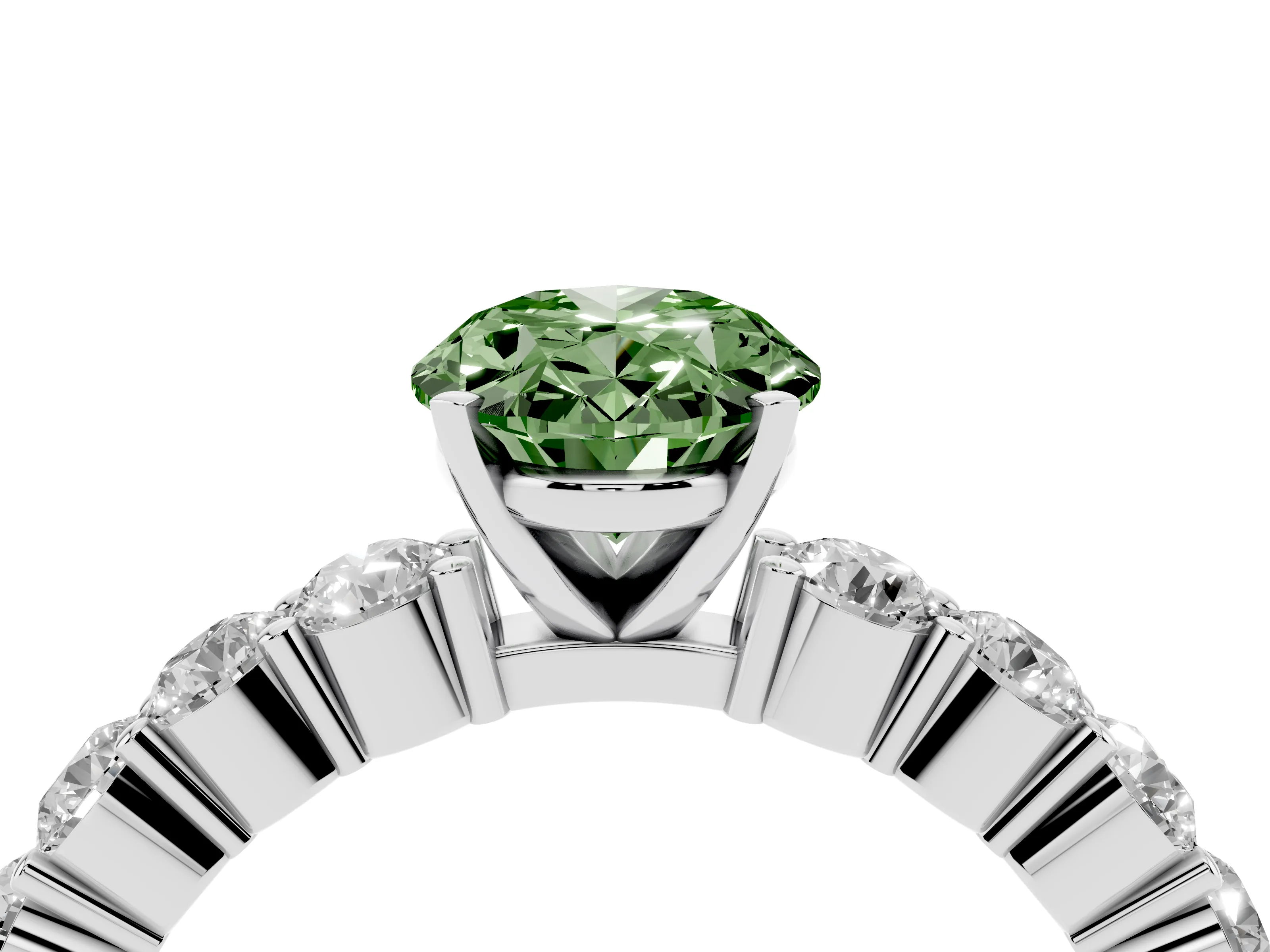 Fancy Green Oval Cut Diamond Solitaire Ring Set in Platinum with Shared Prong Round Side Stones