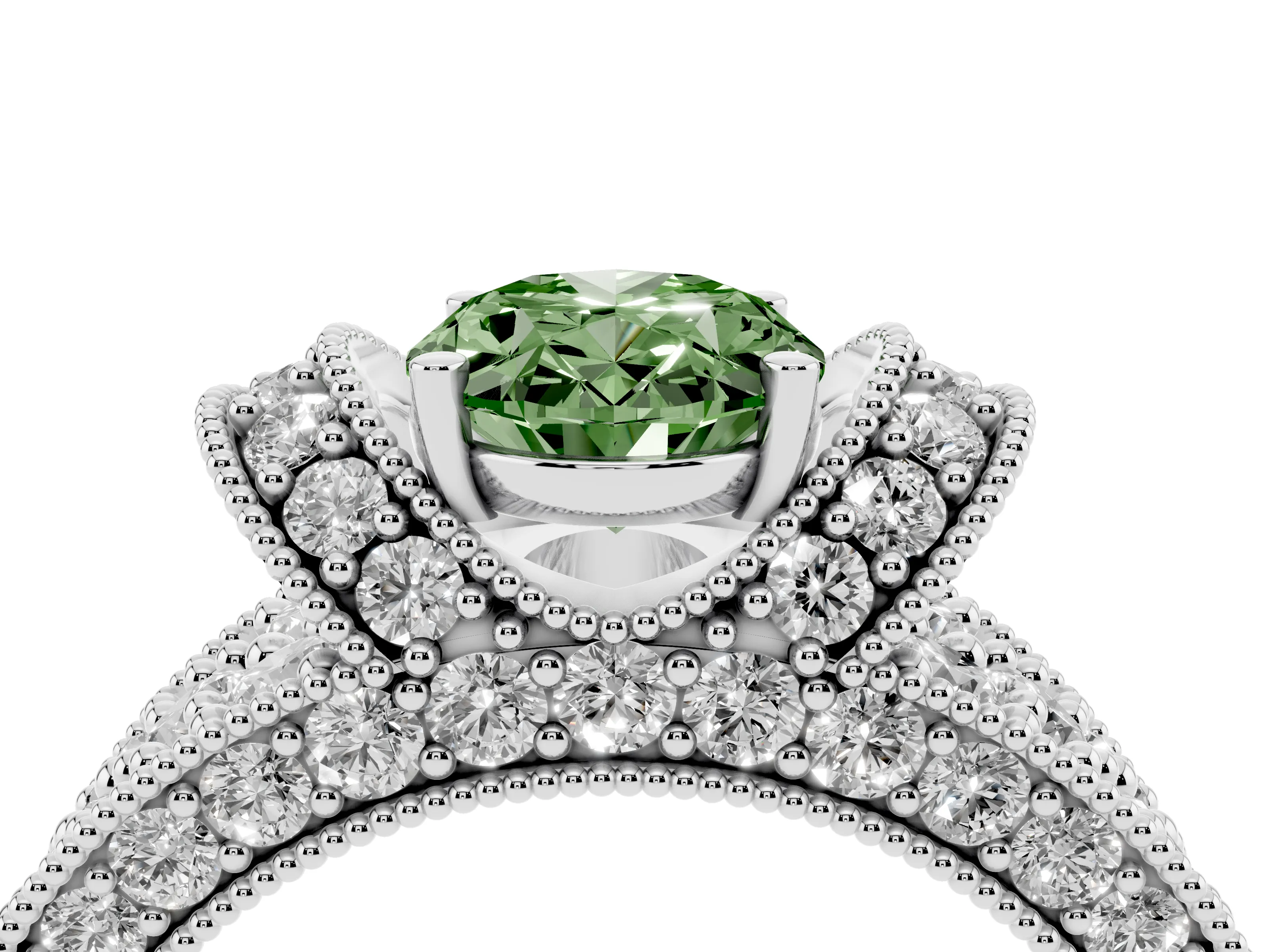 Fancy Green Oval Cut Diamond Milgrain Halo Pavé Engagement Ring Set in Platinum with Prong Setting