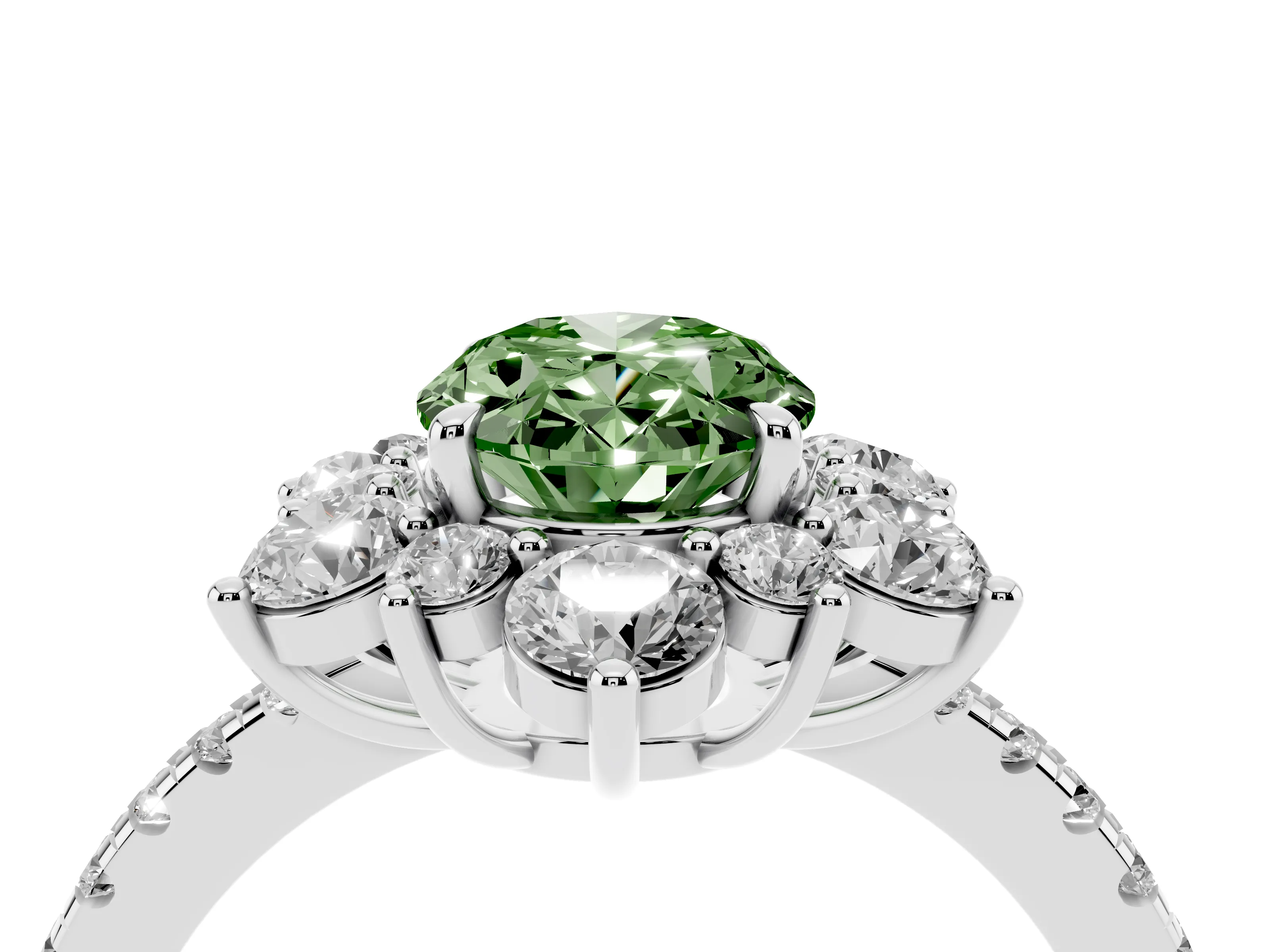 Fancy Green Oval Cut Diamond Floral Halo Ring Set in White gold with Round Pavé Band and Prong Setting