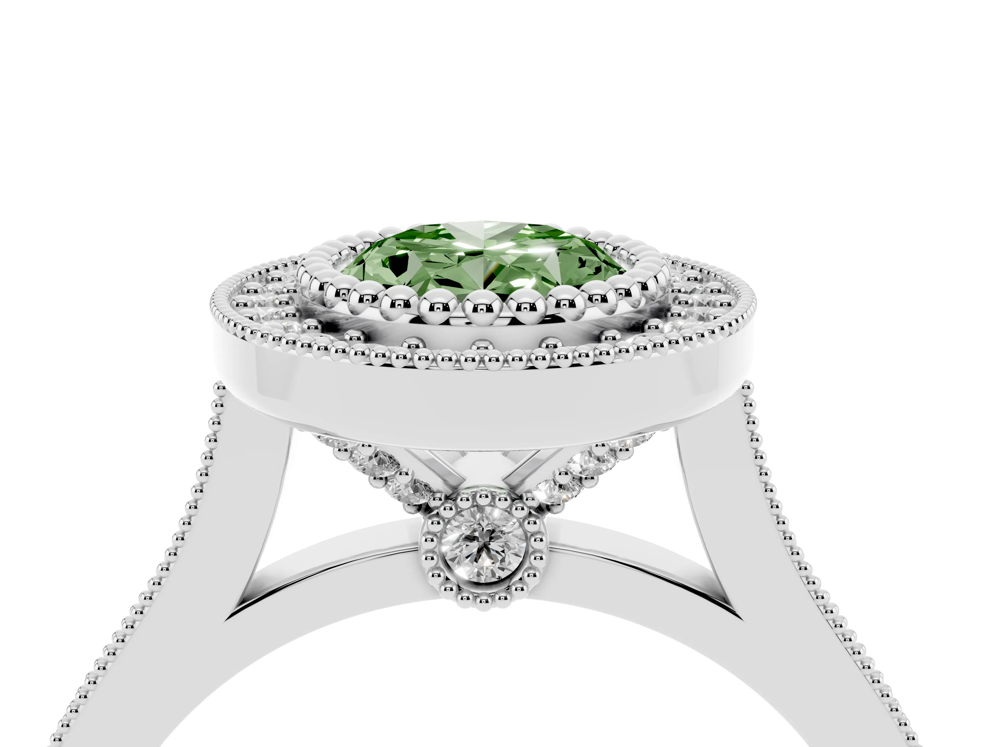 Fancy Green Oval Cut Diamond Halo Ring Set in Silver with Milgrain Frame and Pavé Band