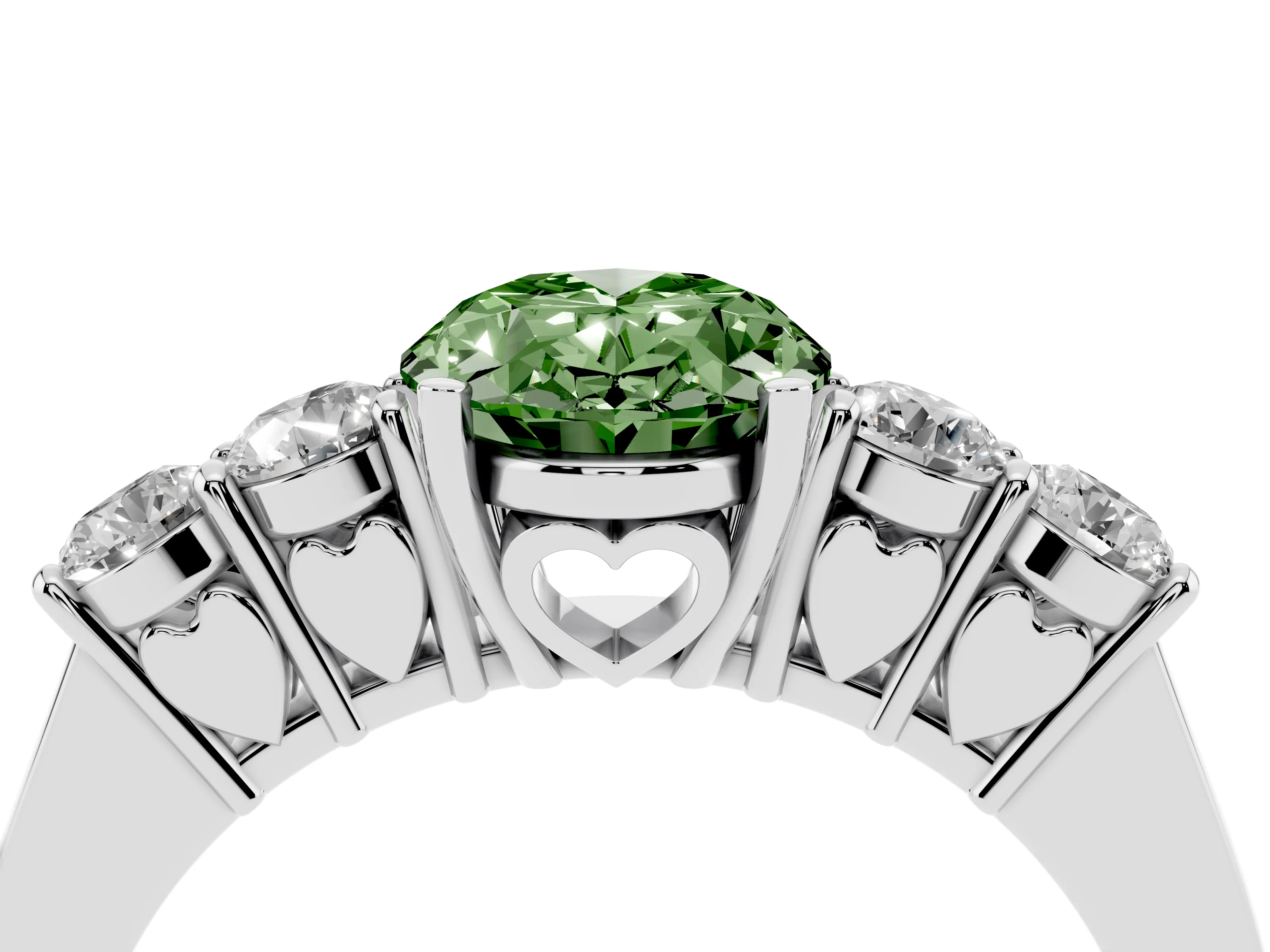 Fancy Green Oval Cut Diamond Five-Stone Prong Set Band Ring Set in Silver with Polished Band