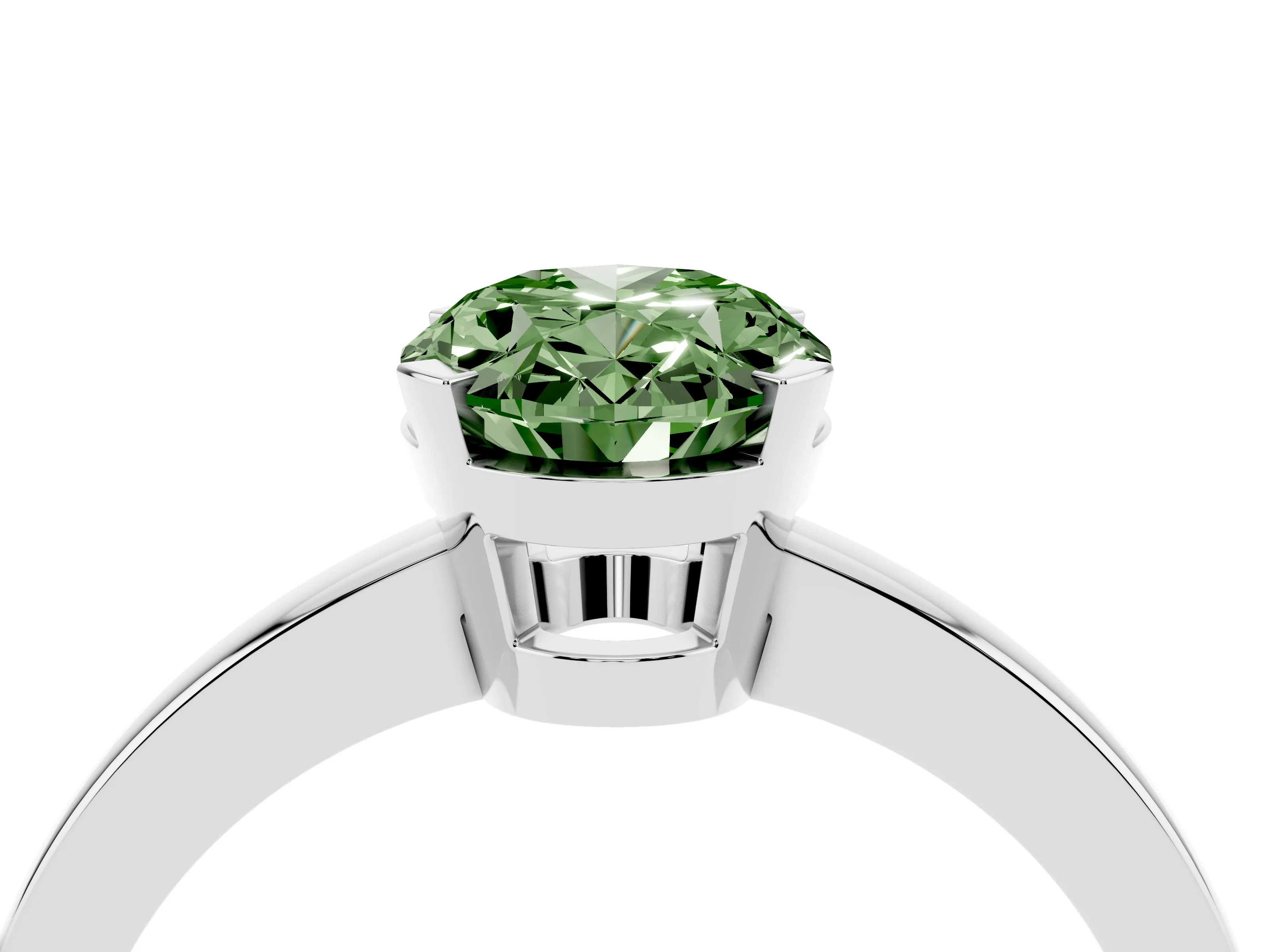 Fancy Green Oval Cut Diamond Solitaire Ring Set in Platinum with Prong Head and Smooth Polished Band