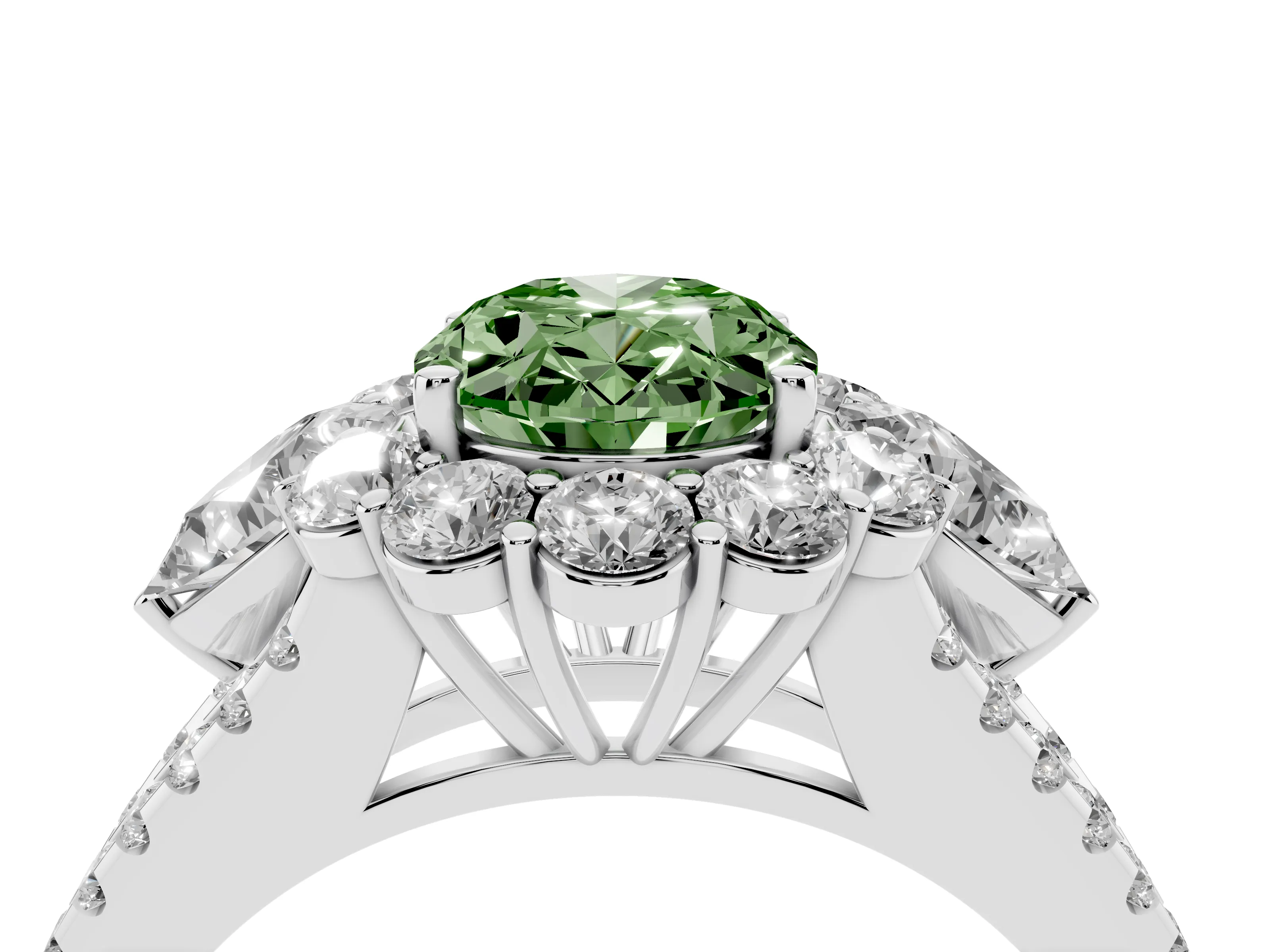 Fancy Green Oval Cut Diamond Halo Split Shank Engagement Ring Set in Platinum with Prong-Held Center Stone