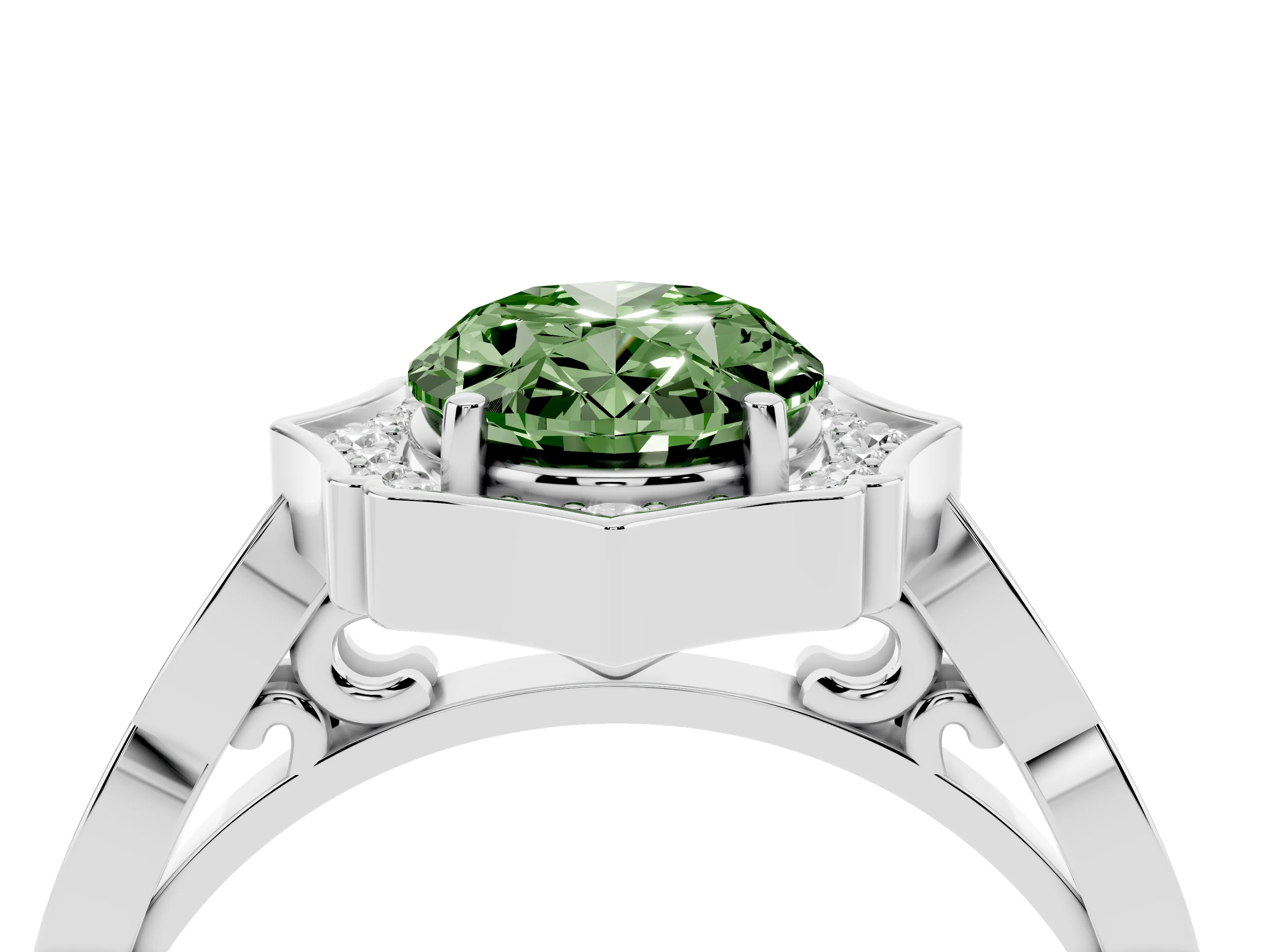 Fancy Green Oval Cut Diamond Halo Engagement Ring Set in White gold with Milgrain Band and Prong Setting