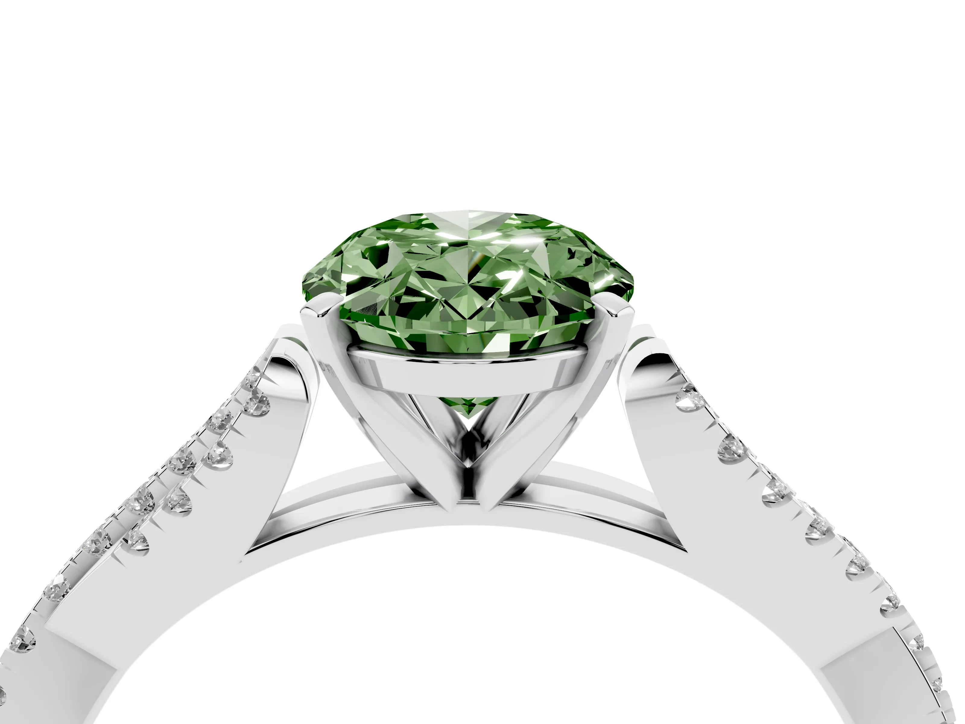 Fancy Green Oval Cut Diamond Solitaire Engagement Ring Set in White gold with Twisted Pavé Band and Prong Setting