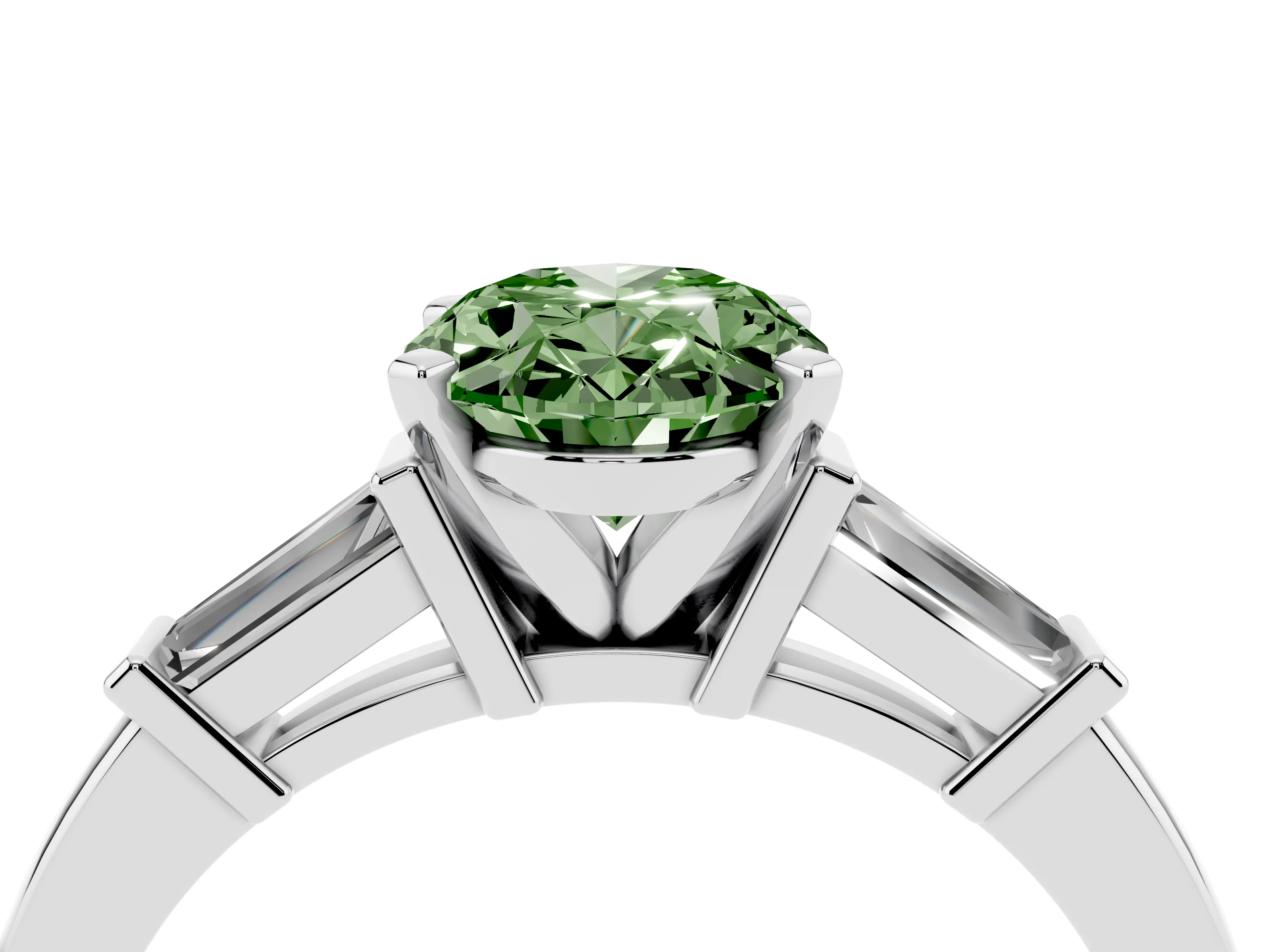 Fancy Green Oval Cut Diamond Solitaire Ring Set in Platinum with Tapered Baguette Accents and Prong Setting