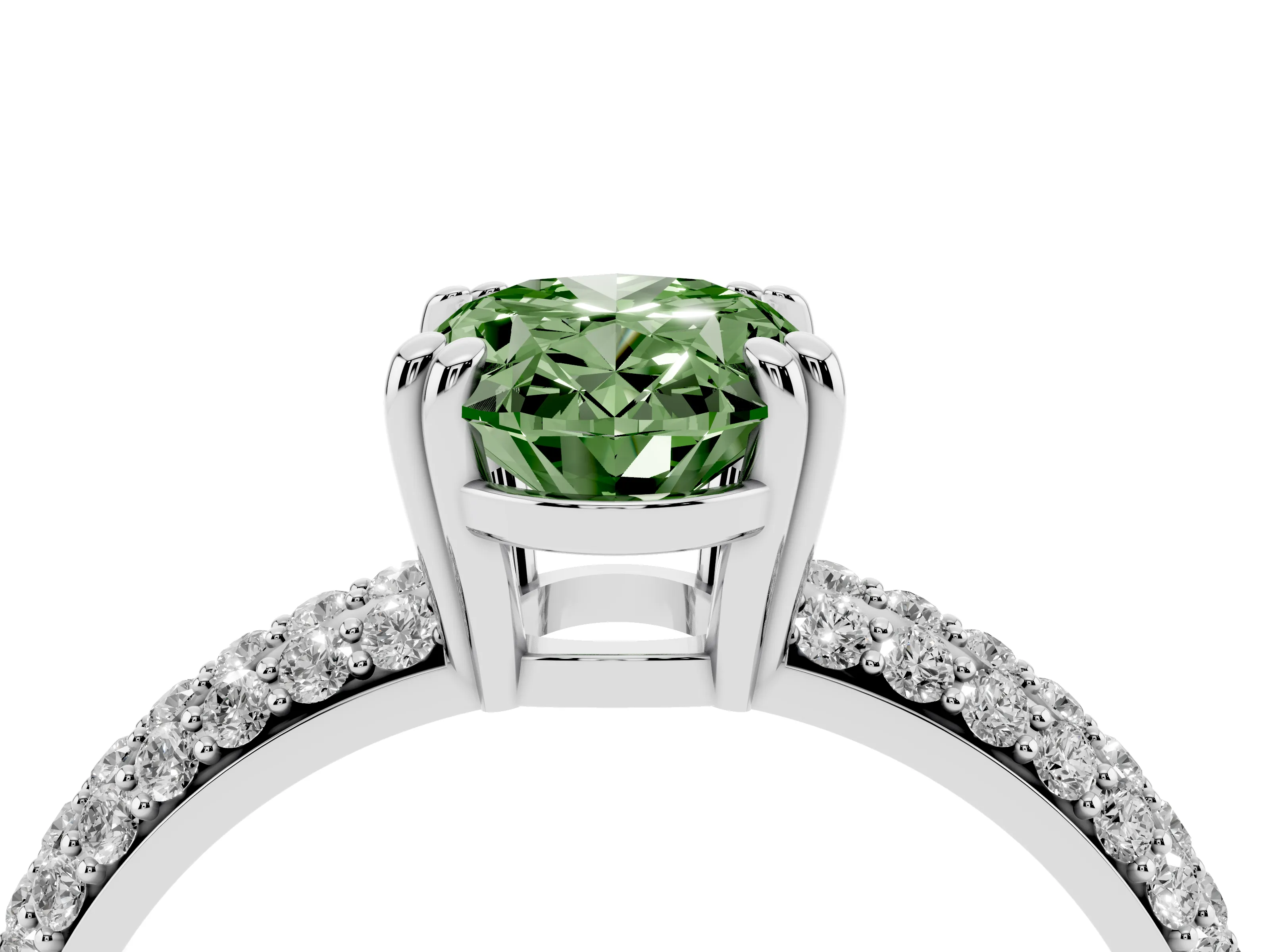 Fancy Green Oval Cut Diamond Solitaire Ring Set in Platinum with Multi-Row Round Pavé Band and Prong Setting
