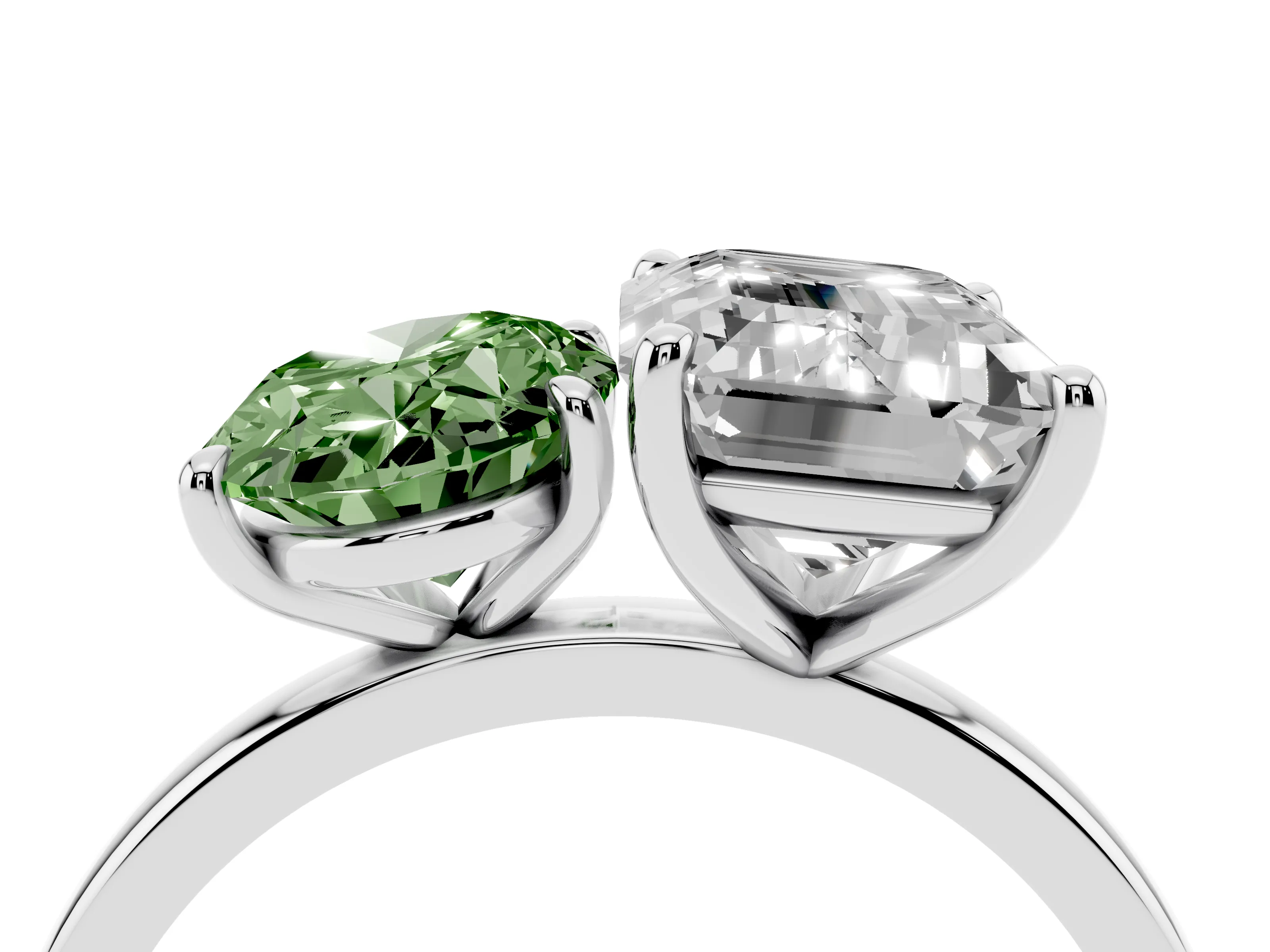 Fancy Green Oval Cut and Emerald Cut Toi Moi Ring Set in White gold with Prong Setting