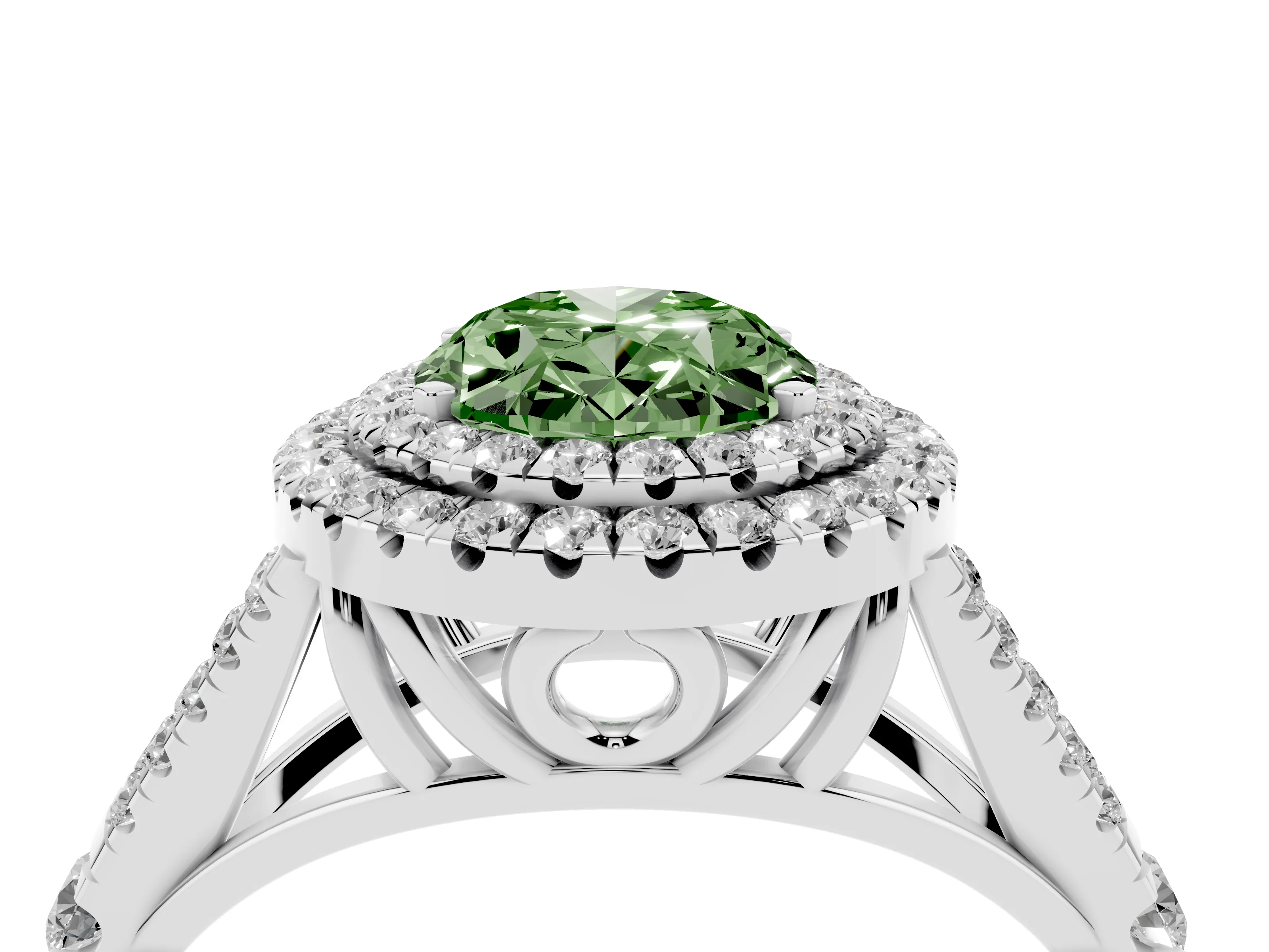 Fancy Green Oval Cut Diamond Pavé Split Shank Double Halo Engagement Ring Set in Silver