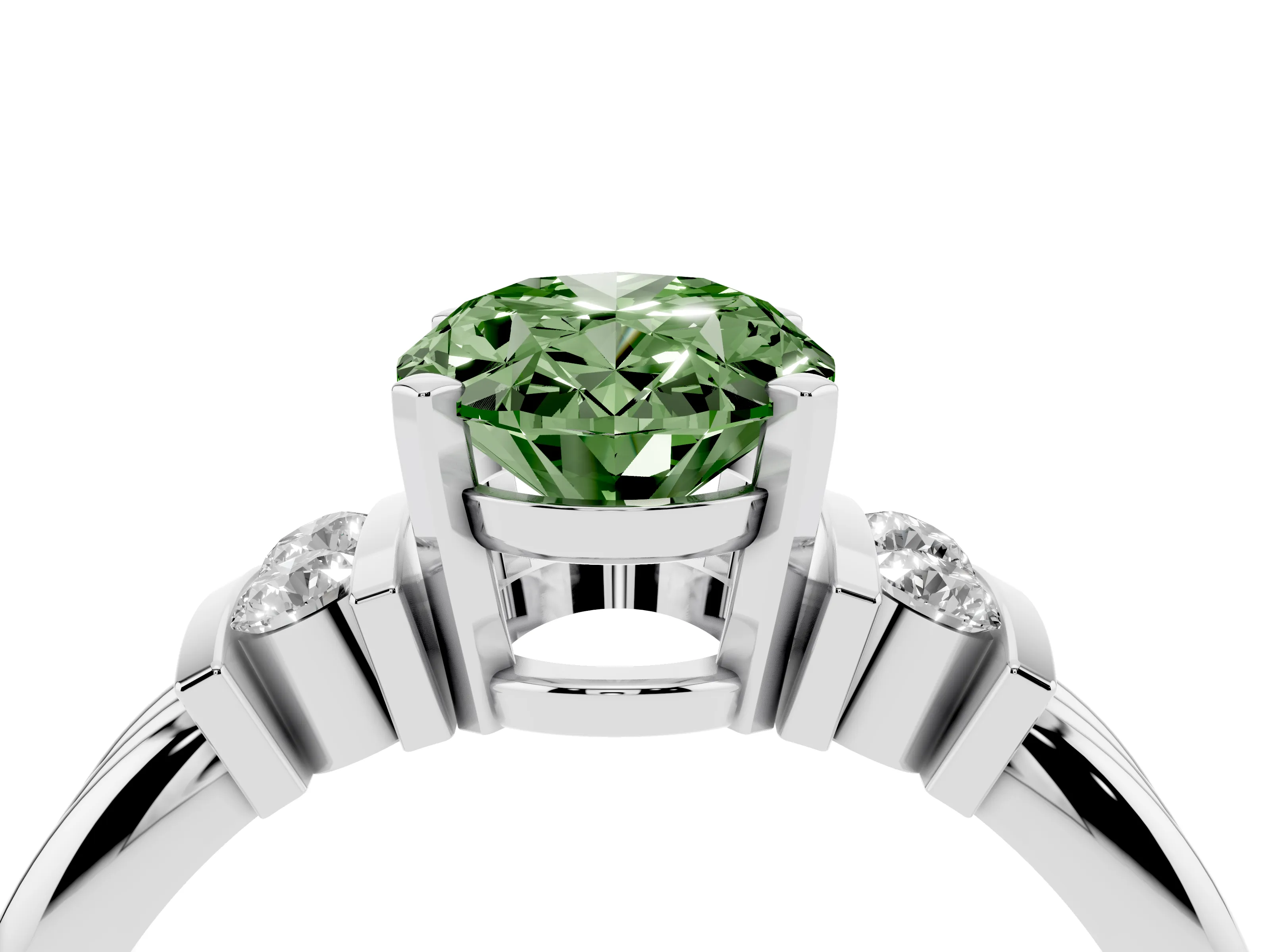 Fancy Green Three-Stone Oval Cut Diamond Channel Set Ring Set in Silver with Bar Prongs