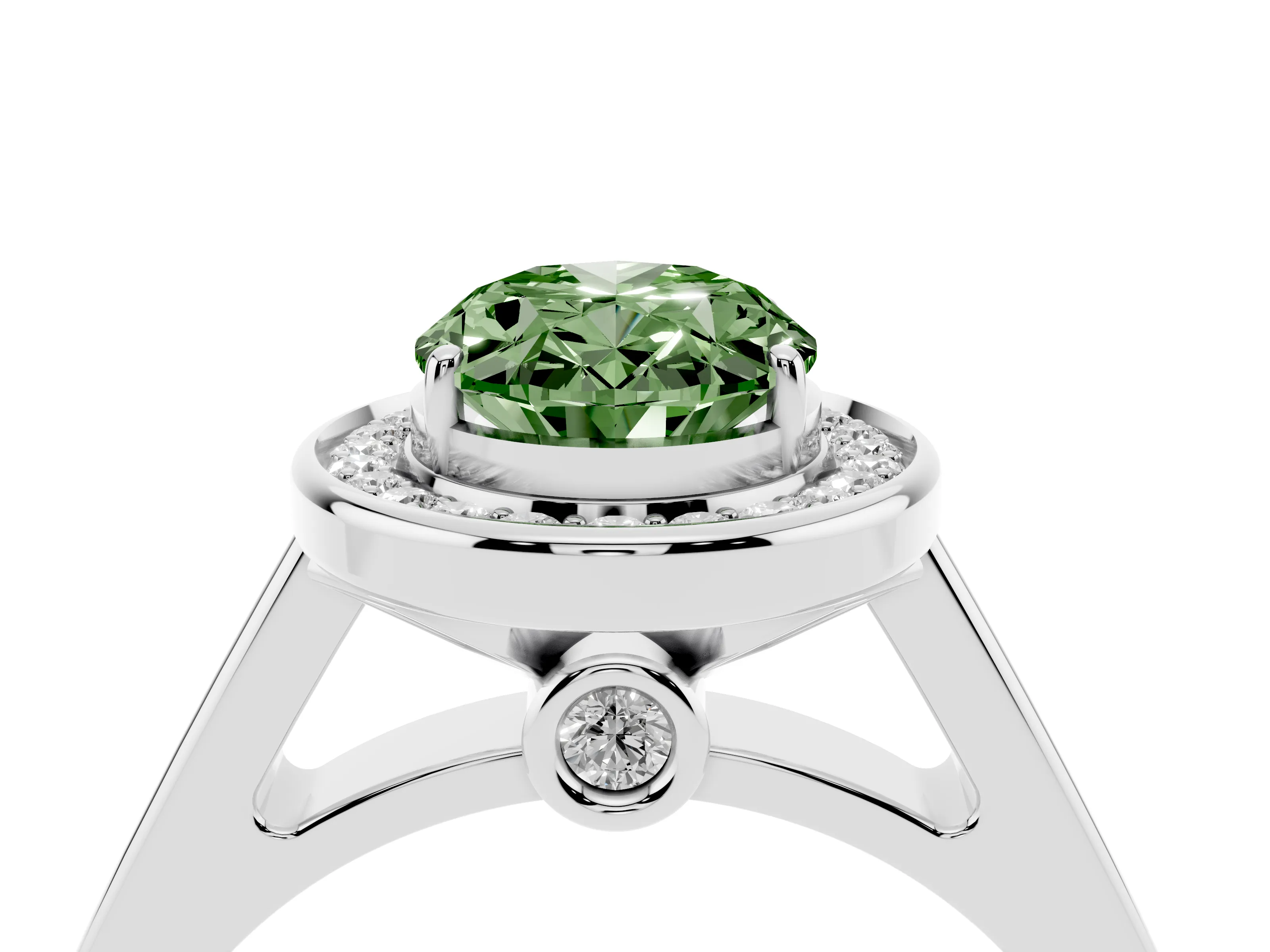 Fancy Green Oval Cut Diamond Halo Solitaire Ring Set in Platinum with Pavé Band and Bezel Setting