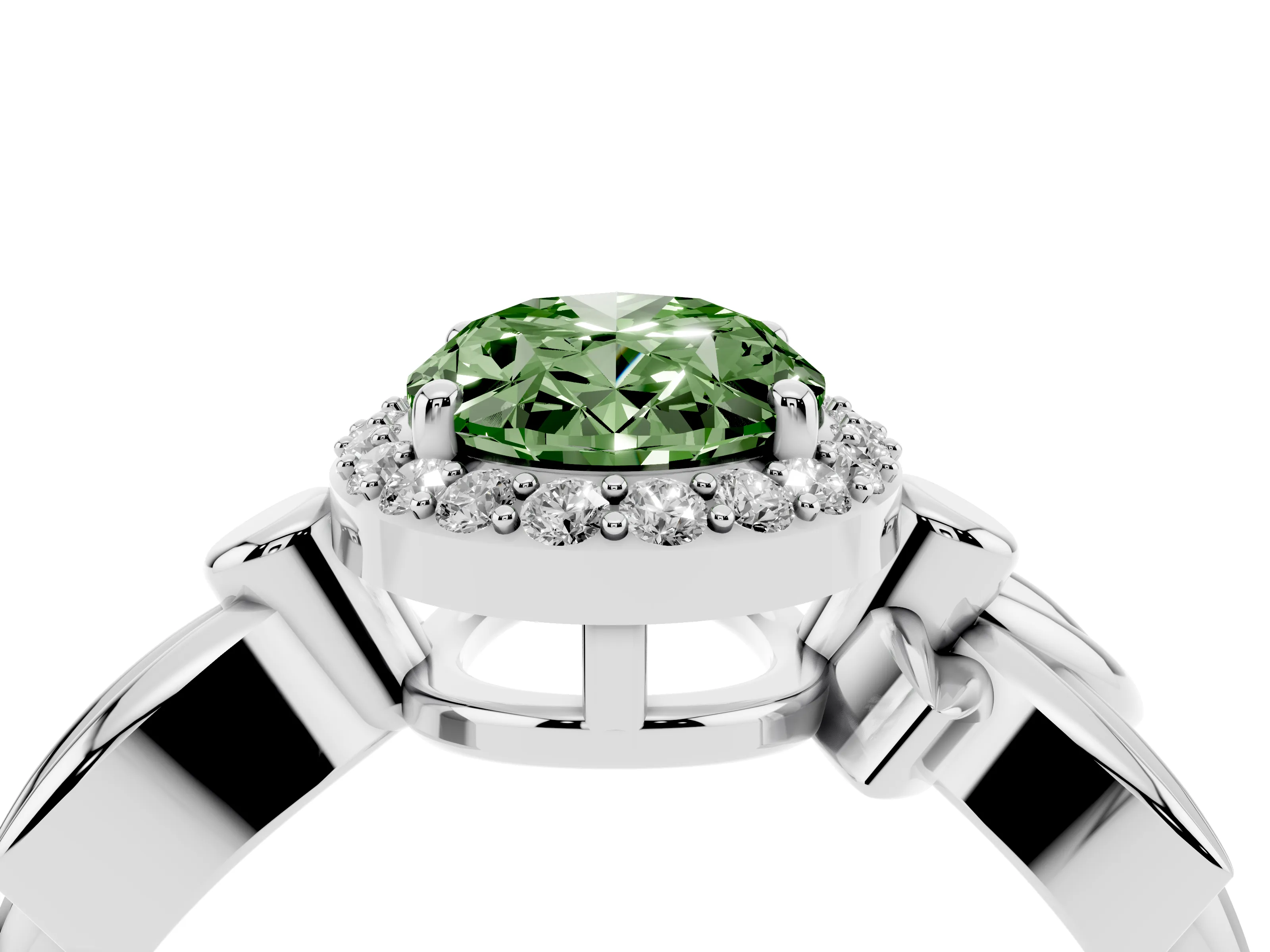 Fancy Green Oval Cut Diamond Halo Floral Band Ring Set in Silver with Prong Setting