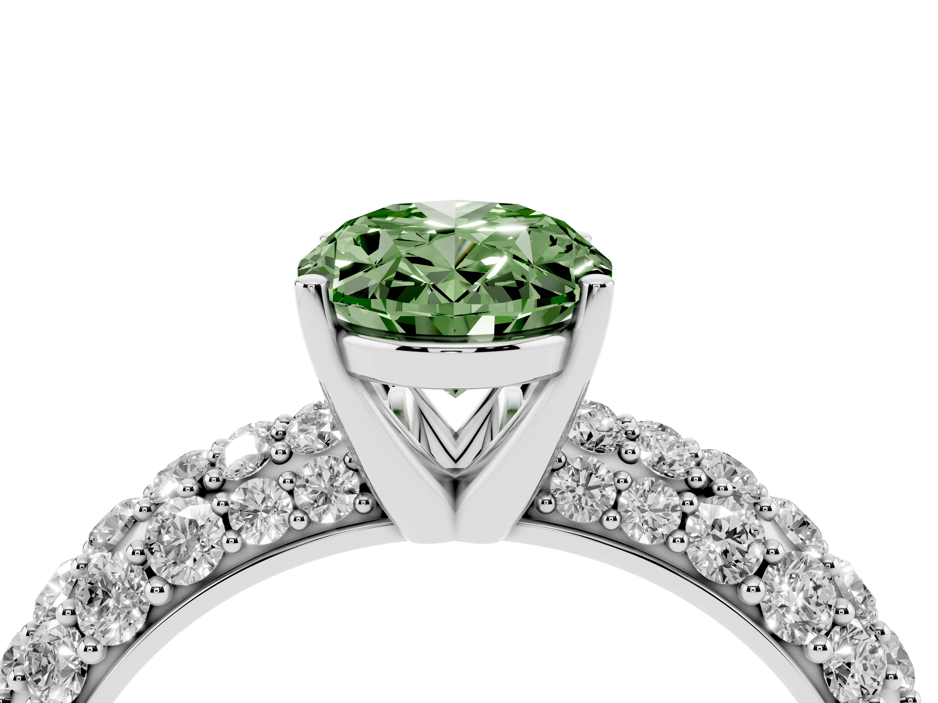 Fancy Green Oval Cut Diamond Pavé Band Solitaire Ring Set in White gold with Close-Set Accent Stones and Prong Setting
