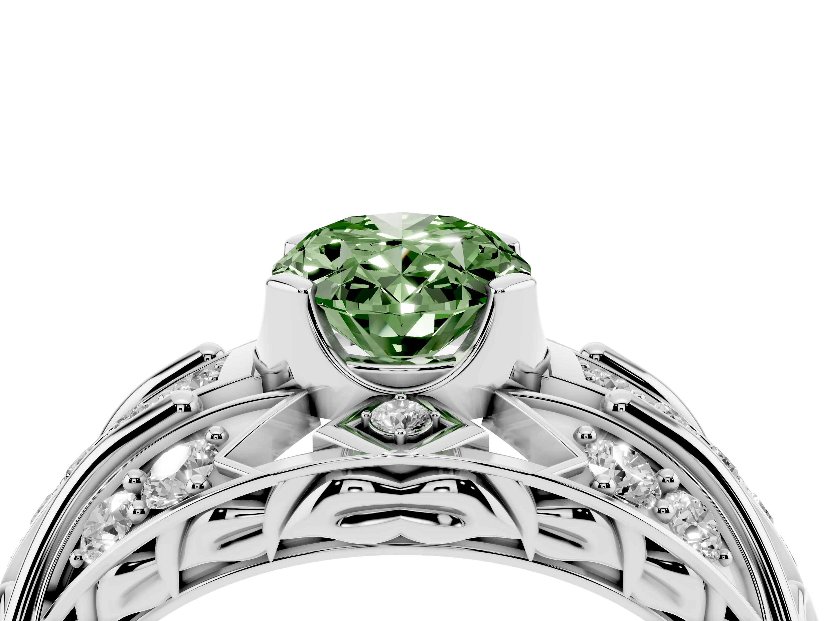 Fancy Green Oval Cut Diamond Art Deco Ring Set in Platinum with Pavé Split Shank