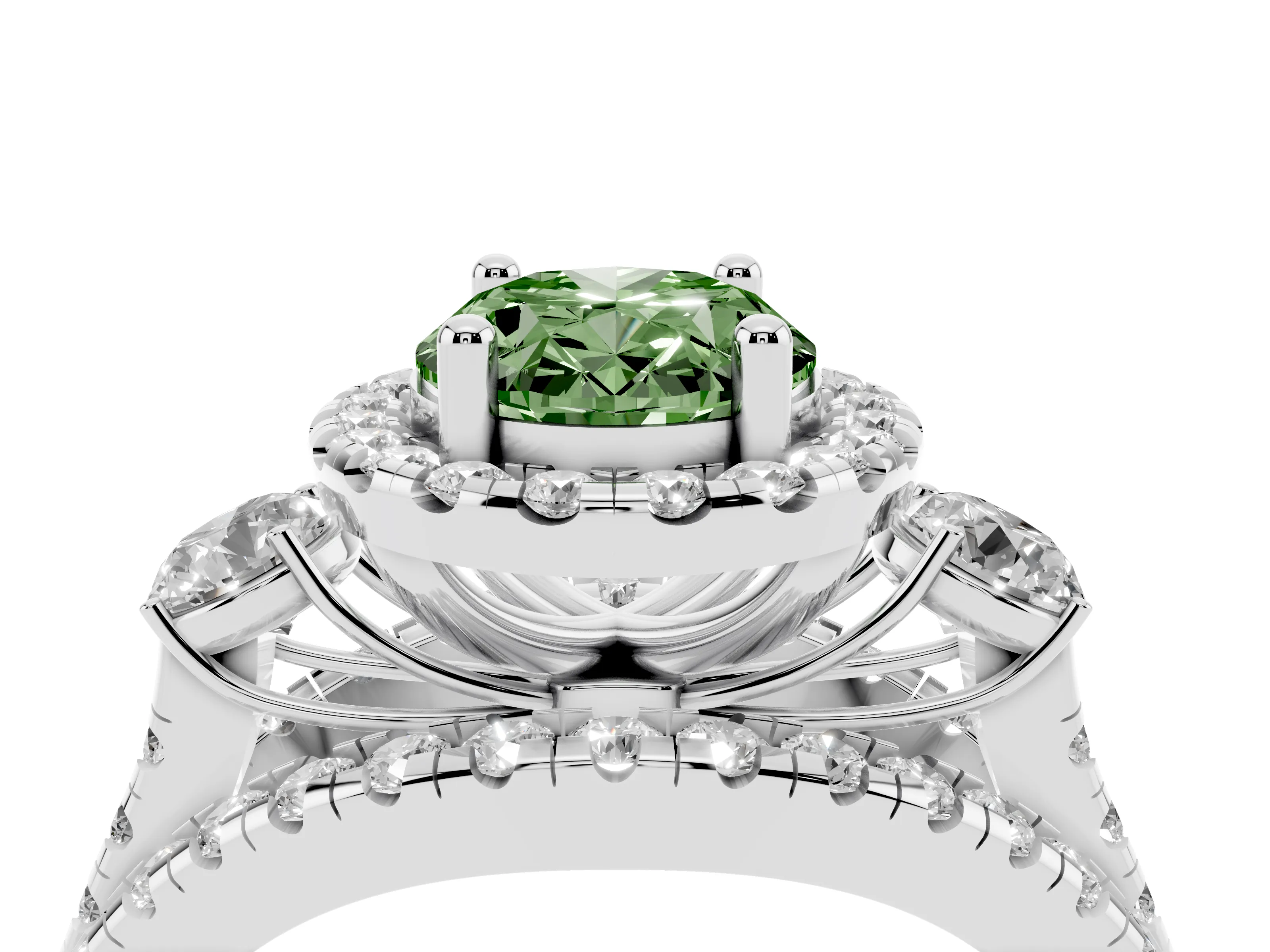 Fancy Green Oval Cut Diamond Halo Split Shank Ring Set in White gold with Round Accent Stones and Prong Setting
