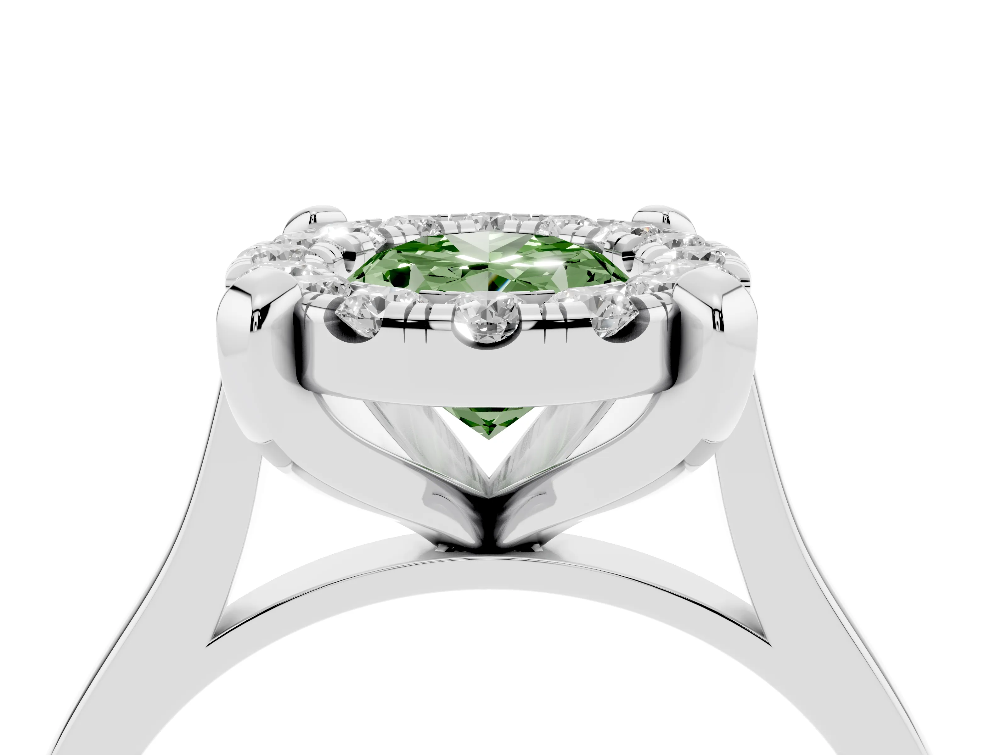 Fancy Green Oval Cut Diamond Cluster Halo Solitaire Ring Set in White gold with Prong Setting