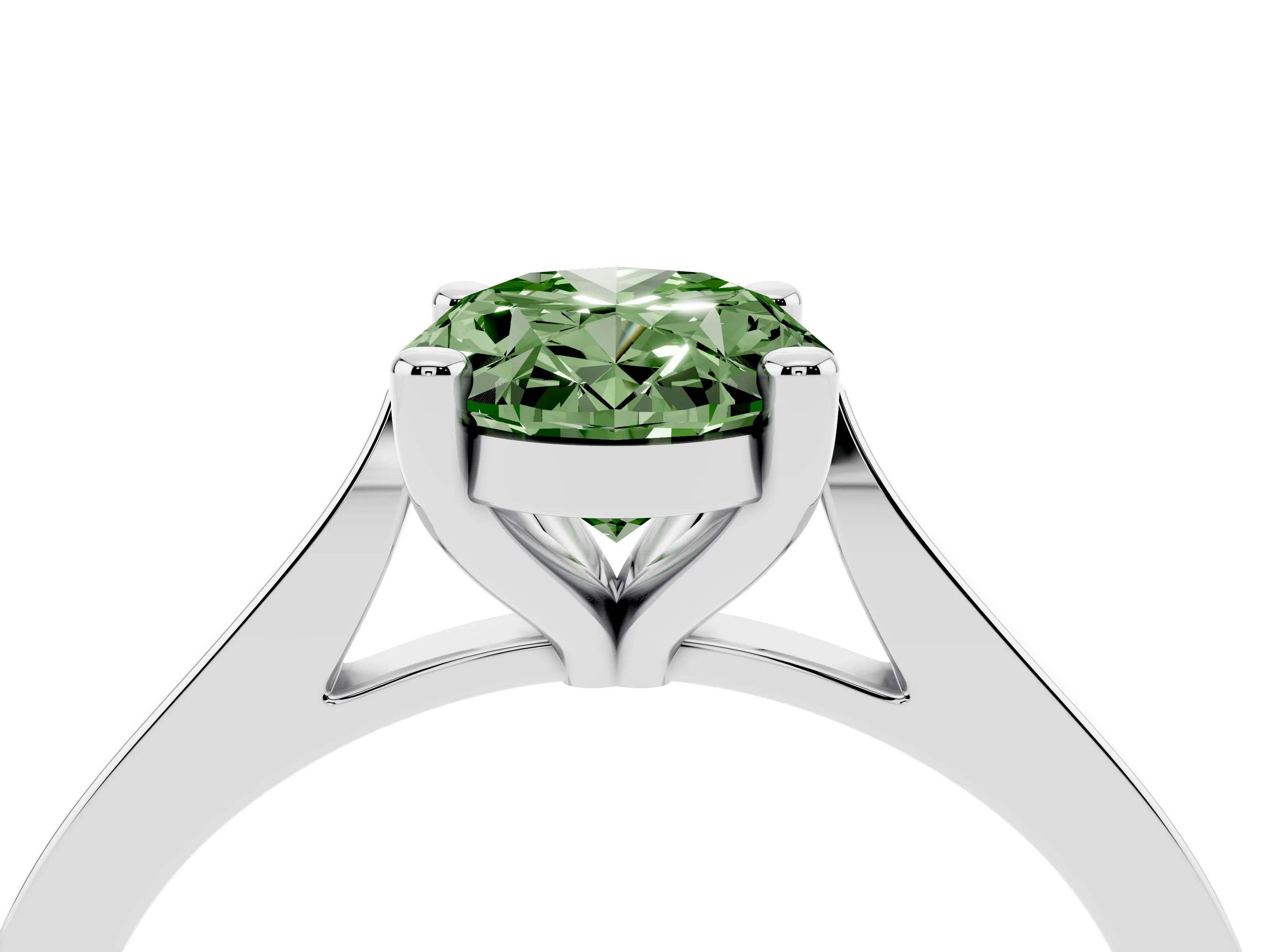 Fancy Green Oval Cut Diamond Solitaire Ring Set in Platinum with Prong Setting and Tapered Band