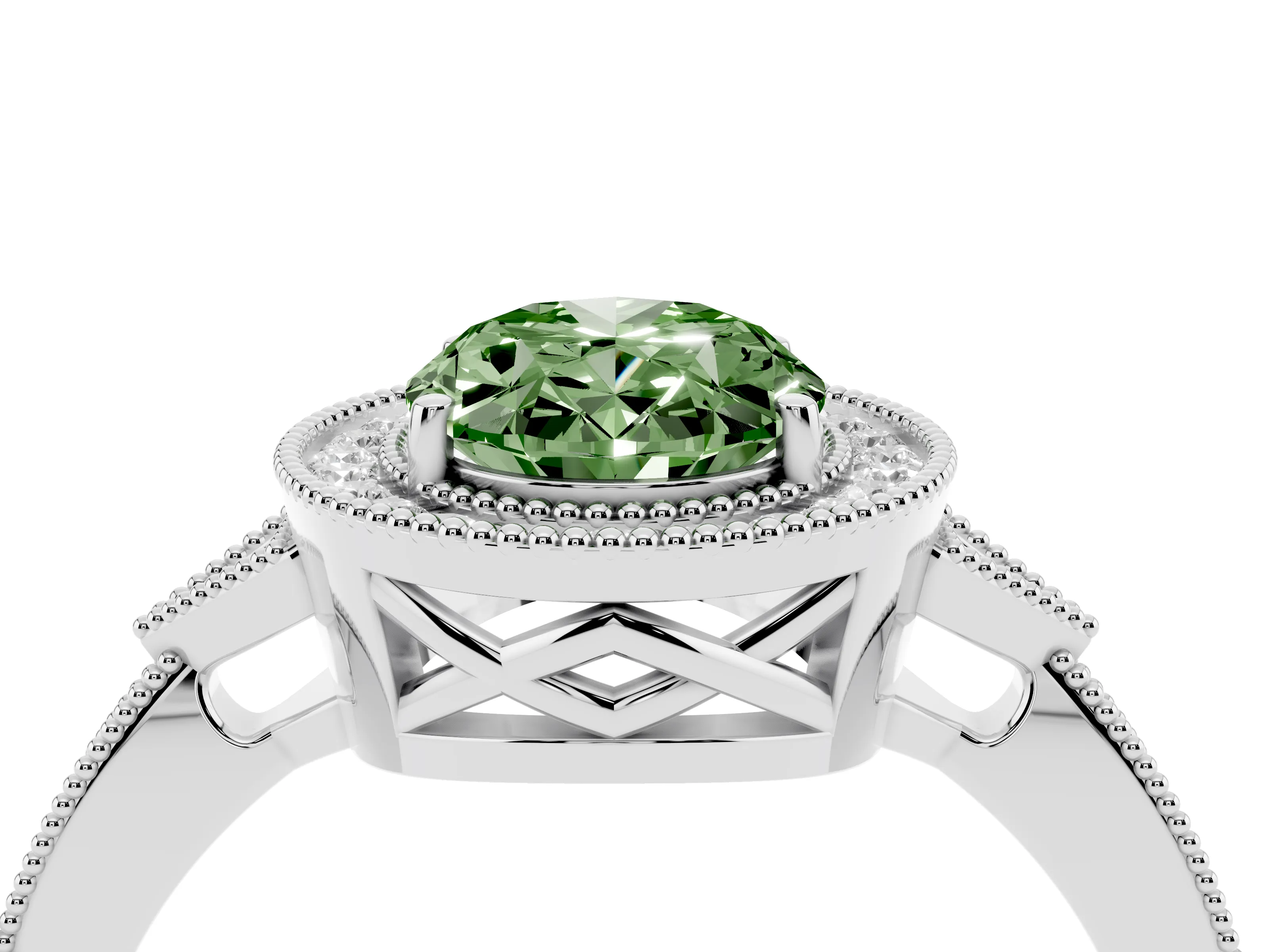 Fancy Green Oval Cut Diamond Halo Engagement Ring Set in Silver with Milgrain Pavé Band