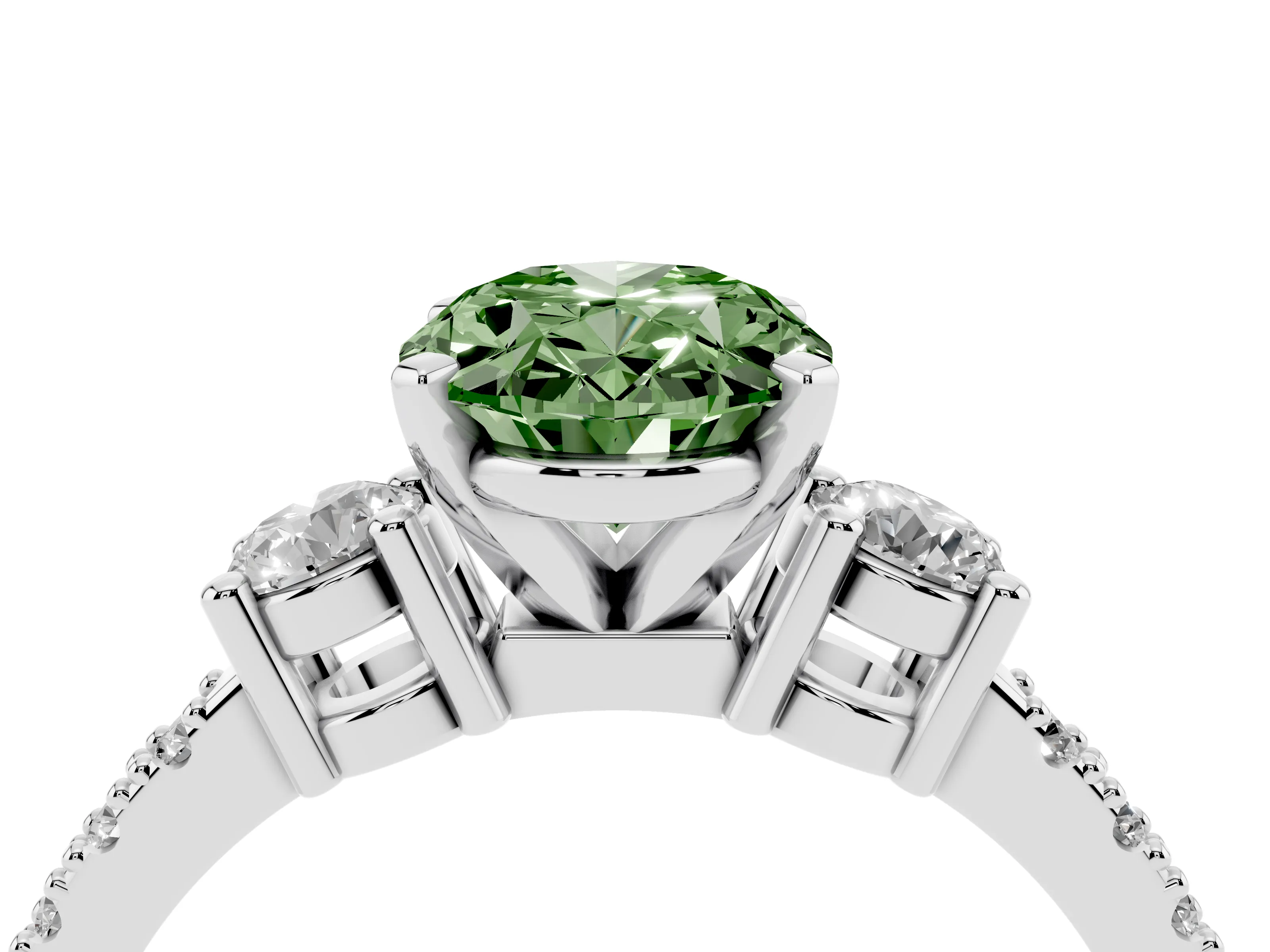 Fancy Green Three-Stone Oval Cut Diamond Pavé Band Ring Set in Silver with Prong Setting