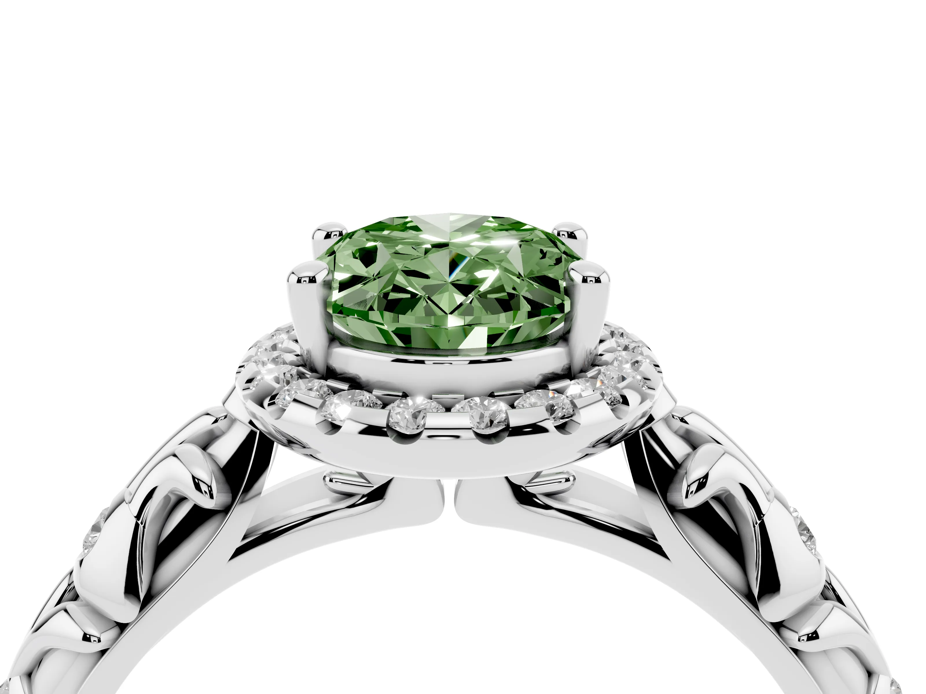 Fancy Green Oval Cut Diamond Halo Ring Set in White gold with Filigree Leaf Band and Prong Setting