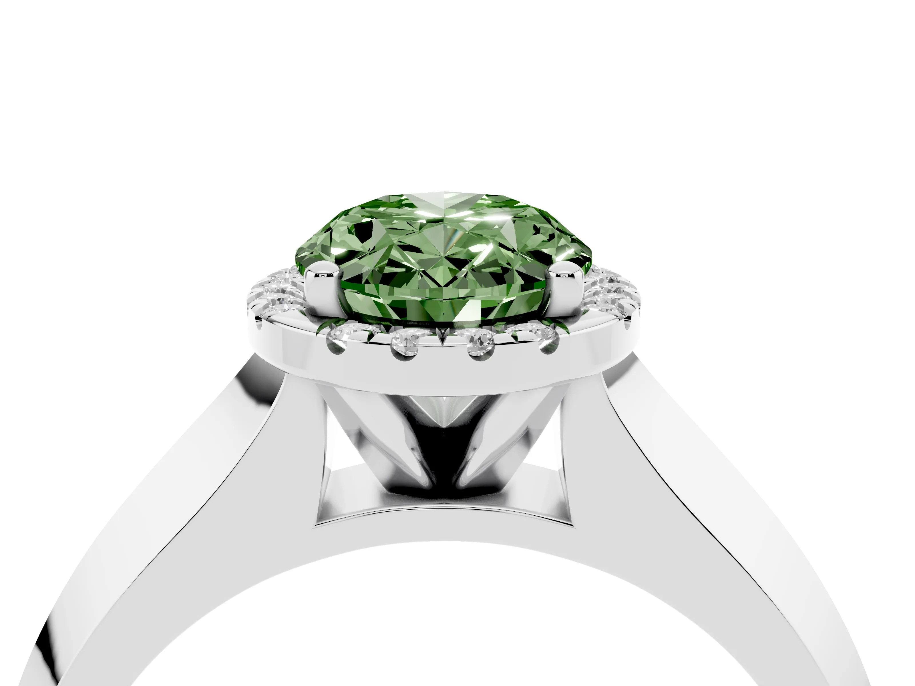 Fancy Green Oval Cut Diamond Halo Ring Set in Silver with Cathedral Band and Prong Setting
