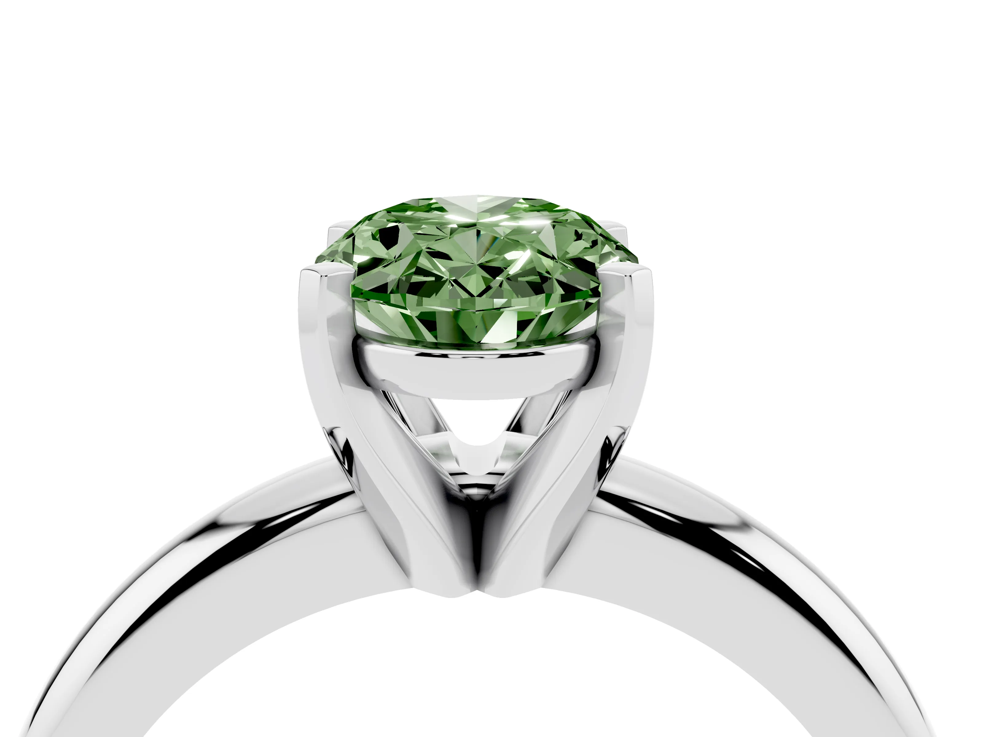 Fancy Green Oval Cut Diamond Solitaire Engagement Ring Set in White gold with Round Band and Prong Setting
