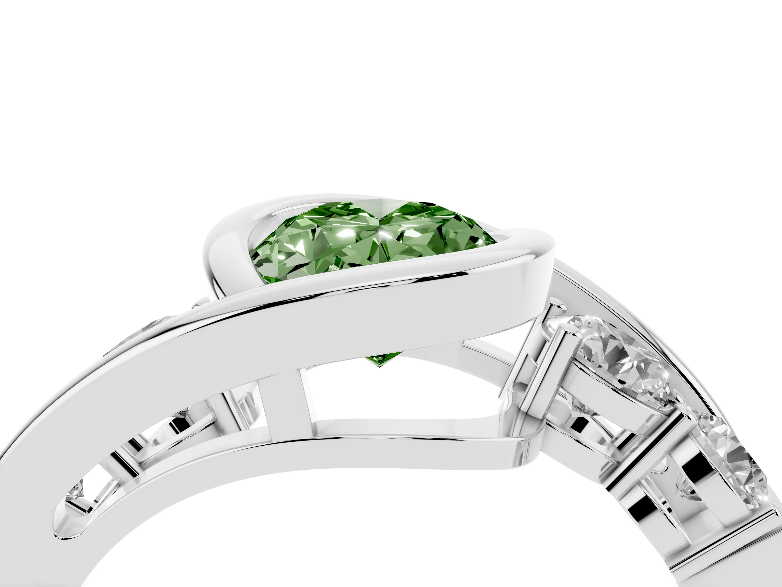 Fancy Green Oval Cut Diamond Bezel Bypass Ring Set in Silver with Round Accents