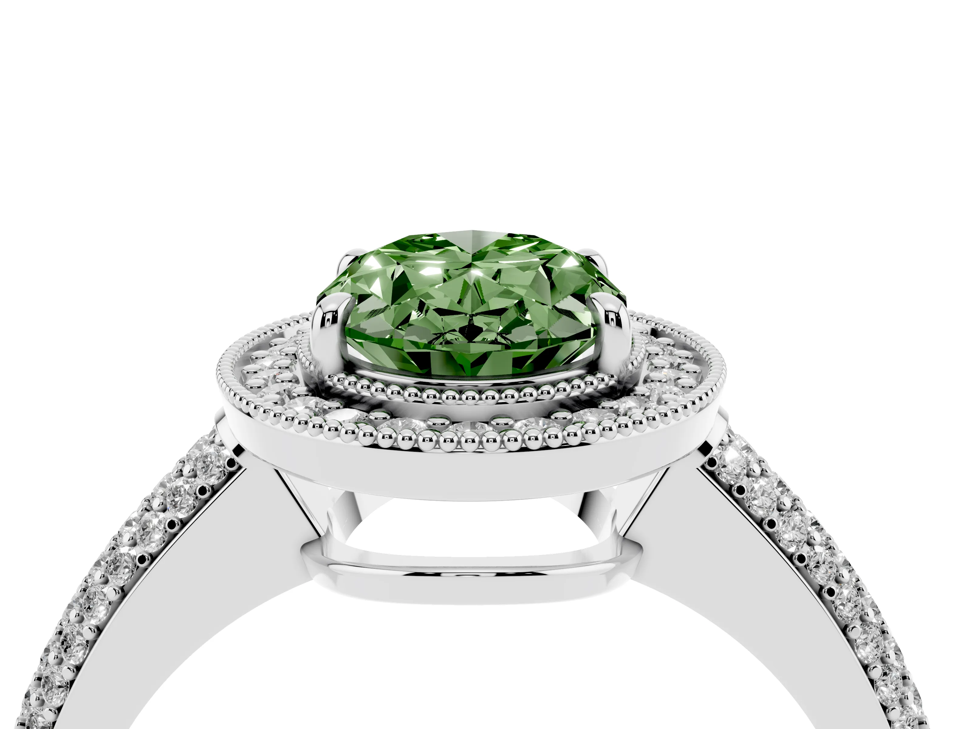 Fancy Green Oval Cut Diamond Halo Pavé Band Set in Platinum with Prong Setting