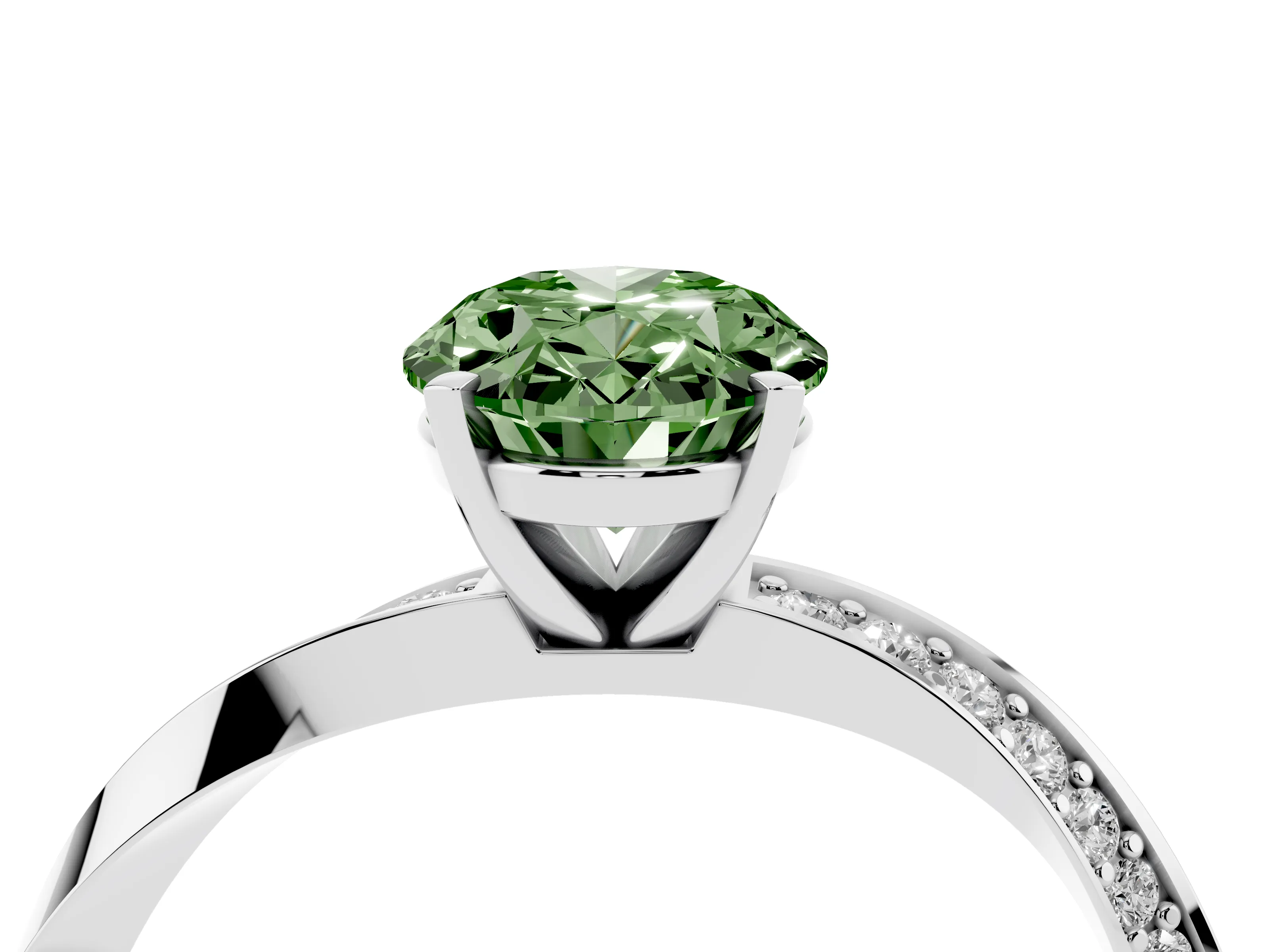 Fancy Green Oval Cut Diamond Engagement Ring Set in Silver with Side Stone Accents and Prong Setting