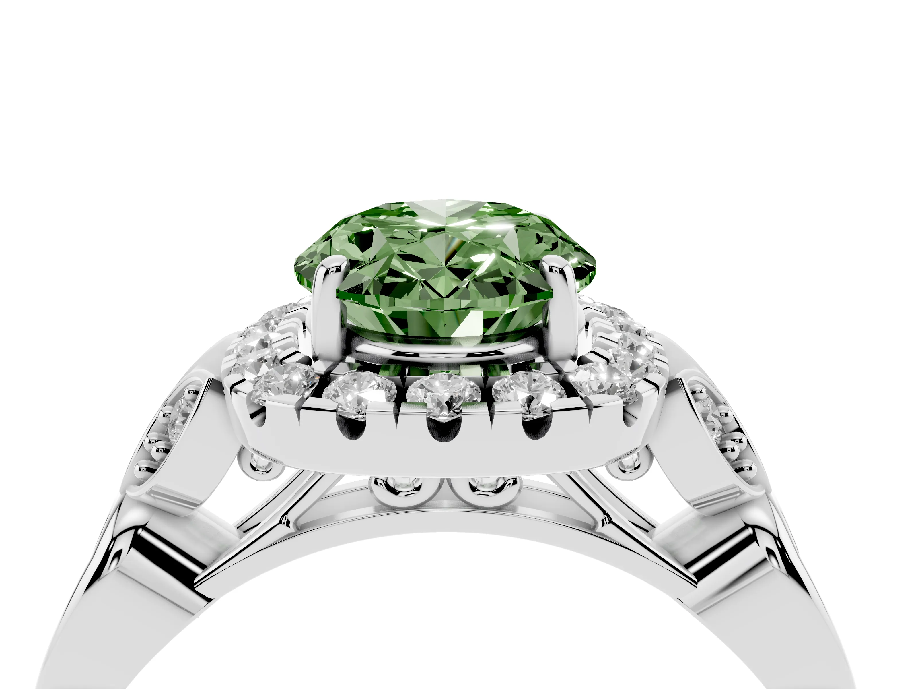 Fancy Green Oval Cut Diamond Halo Engagement Ring Set in Platinum with Vintage-Inspired Band and Prong Setting