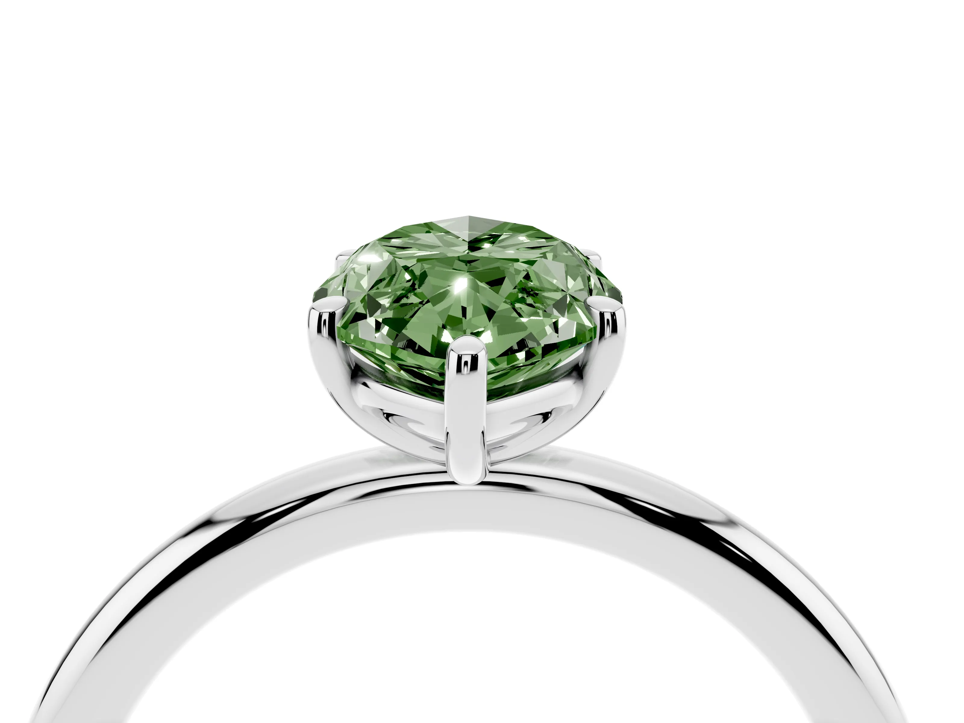 Fancy Green Oval Cut Diamond Solitaire Ring Set in White gold with Prong Setting on a Polished Plain Band