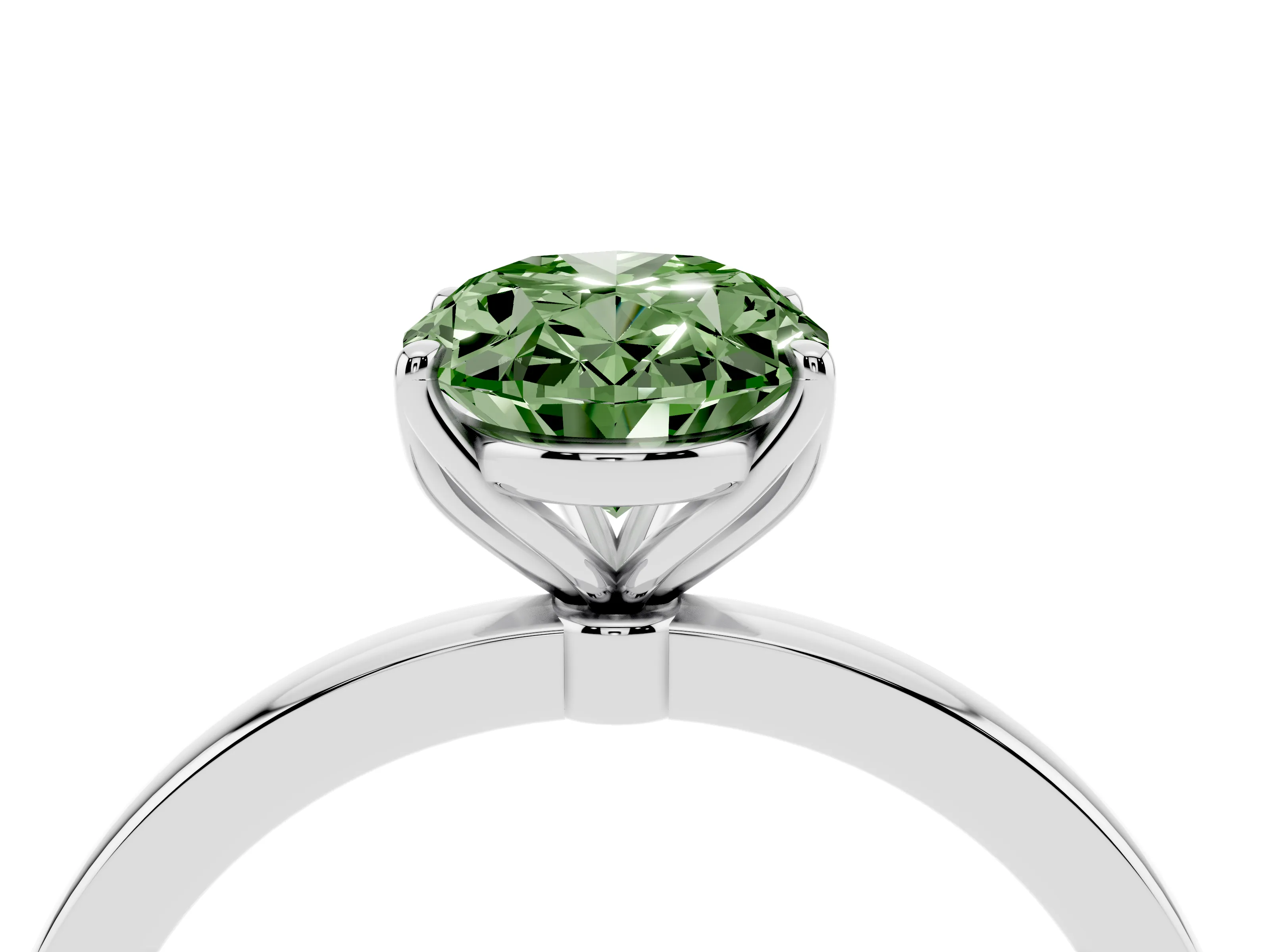 Fancy Green Oval Cut Diamond Solitaire Ring Set in White gold with Prong Setting and Thin Polished Band