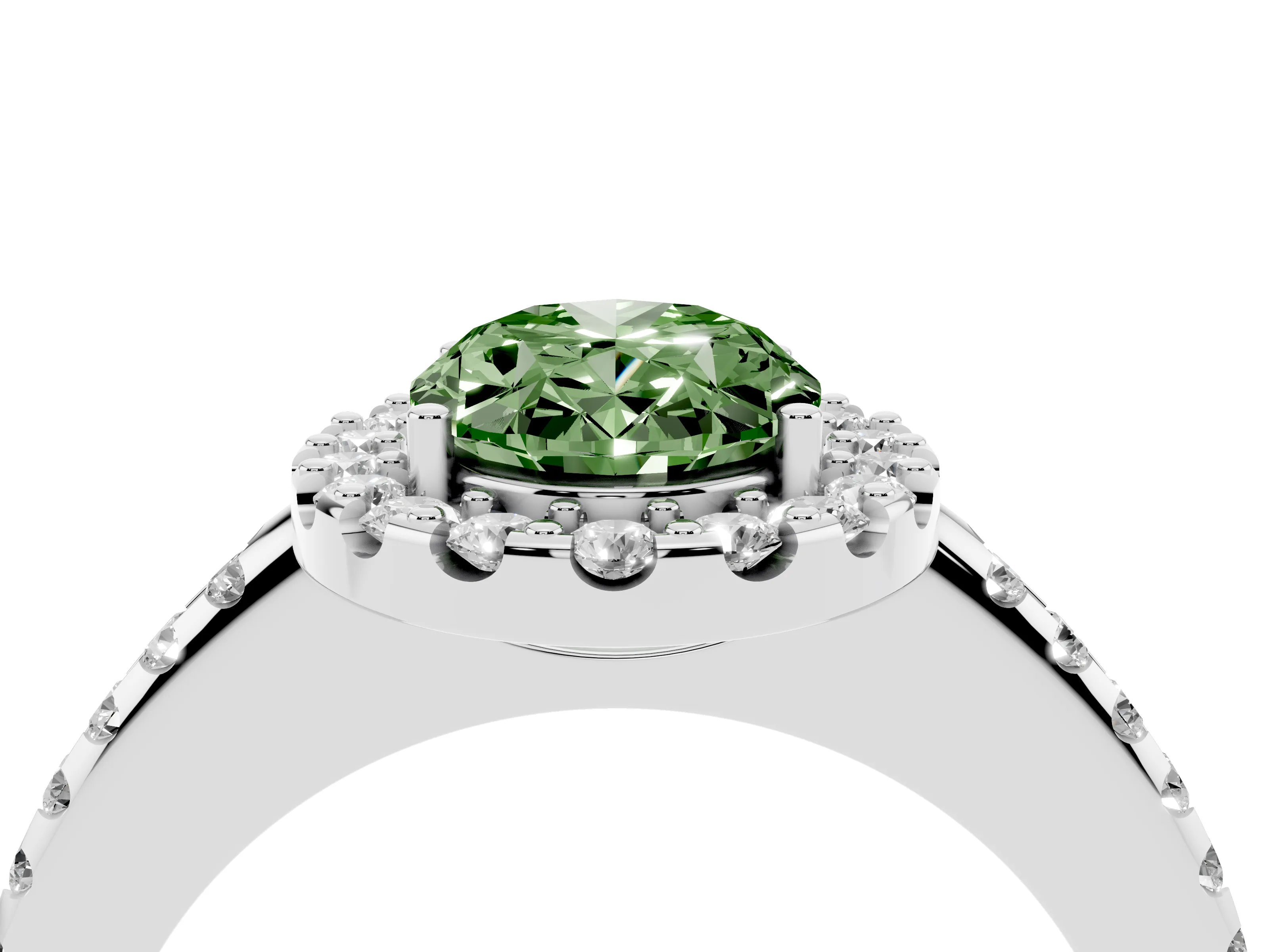 Fancy Green Oval Cut Diamond Pavé Halo Ring Set in Silver with Prong Setting