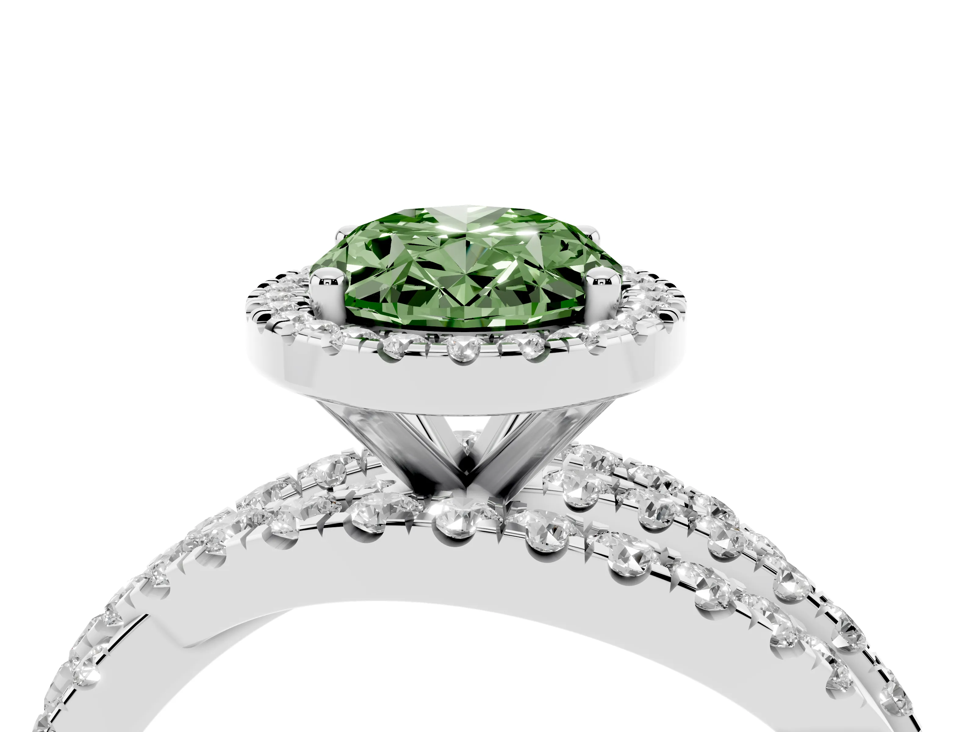 Fancy Green Oval Cut Diamond Halo Ring Set in Platinum with Round Crossover Split Shank and Prong Setting
