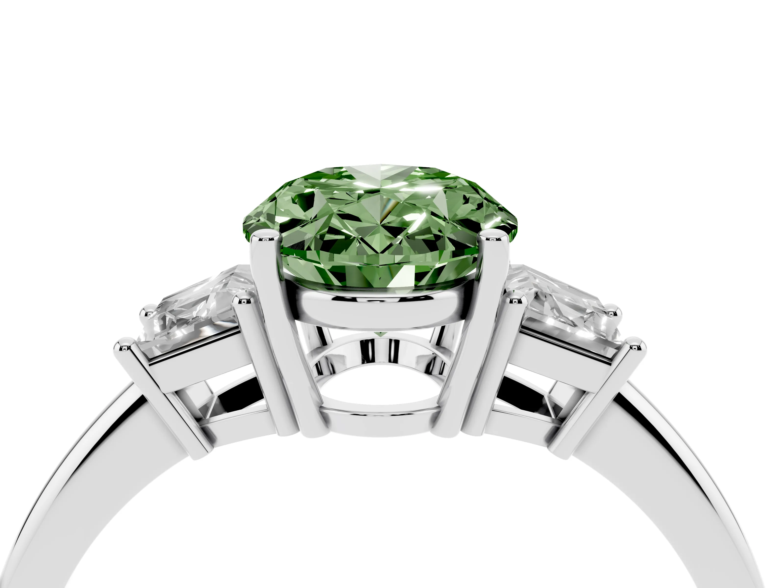 Fancy Green Oval Cut Diamond Three-Stone Ring Set in White gold with Trapezoid Side Stones and Prong Setting
