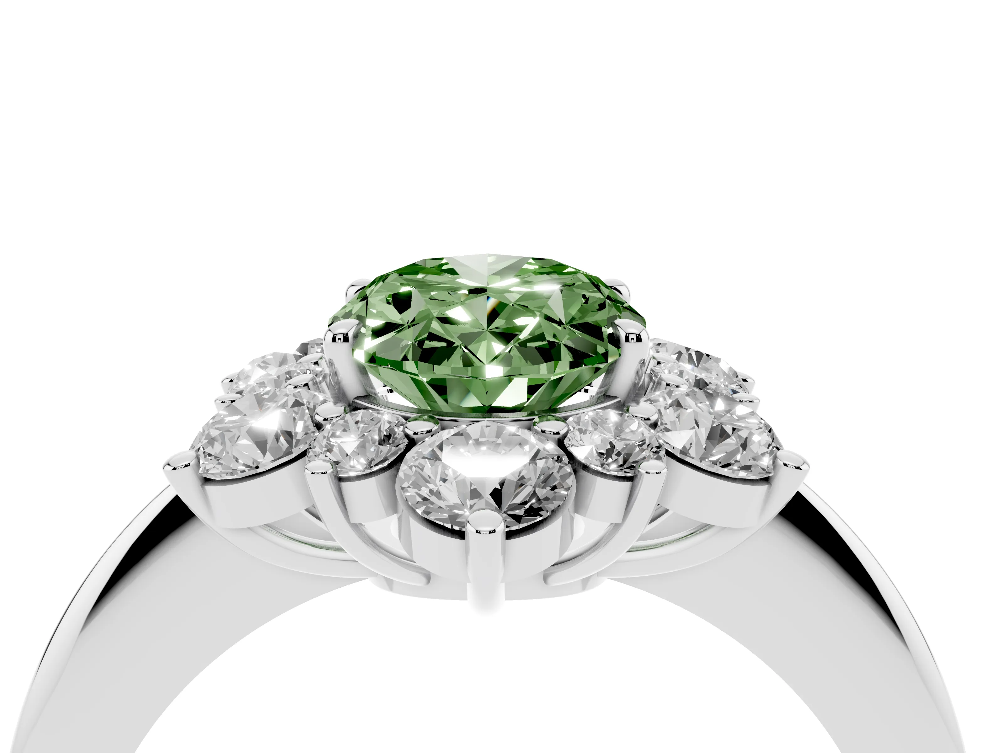 Fancy Green Oval Cut Diamond Cluster Halo Ring Set in Silver with Solitaire Band and Prong Setting