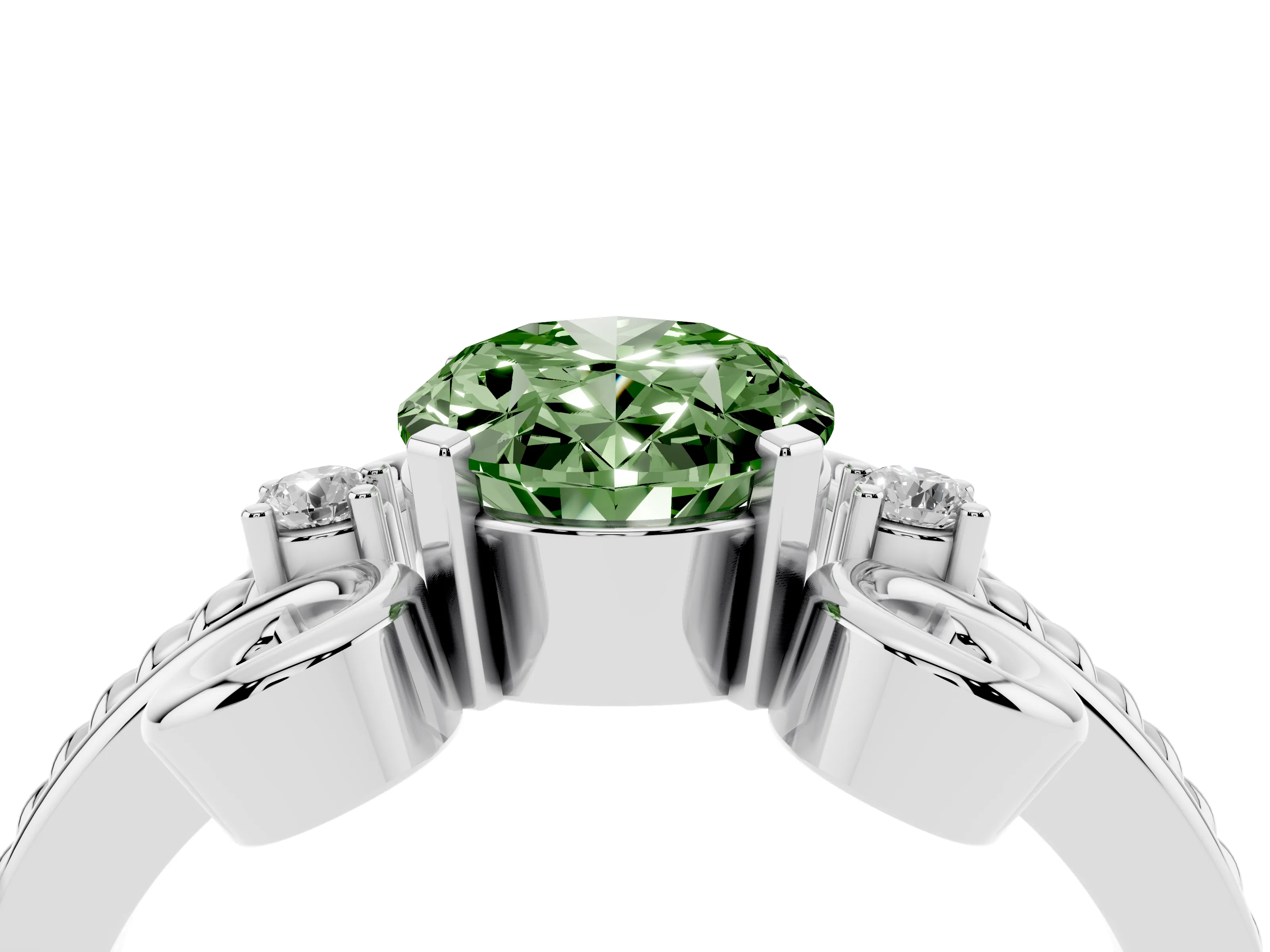 Fancy Green Oval Cut Diamond Twisted Band Solitaire Ring Set in Platinum with Scroll Prongs