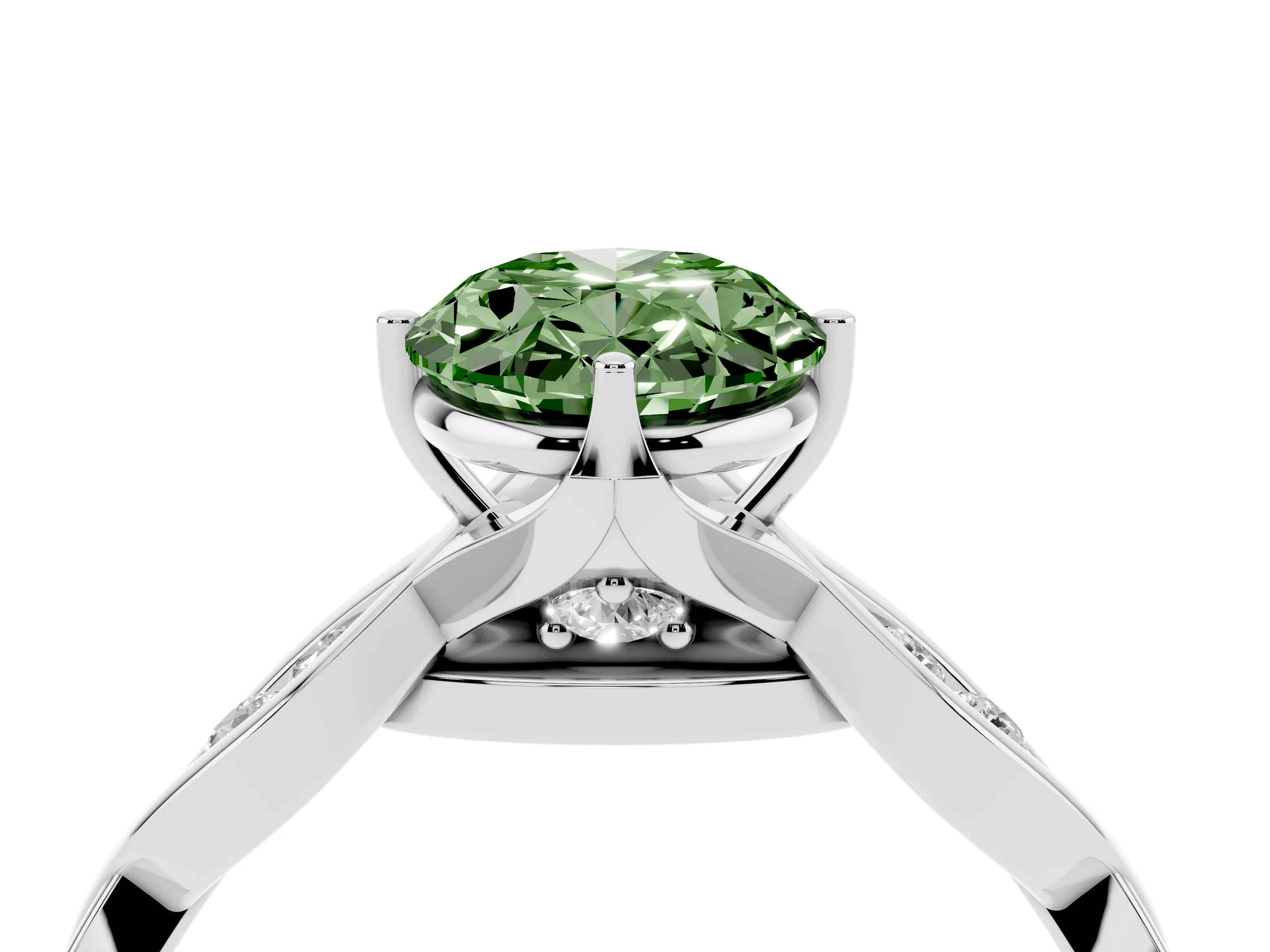Fancy Green Oval Cut Diamond Twist Band Solitaire Ring Set in Platinum with Leaf Prong Setting and Accent Stones