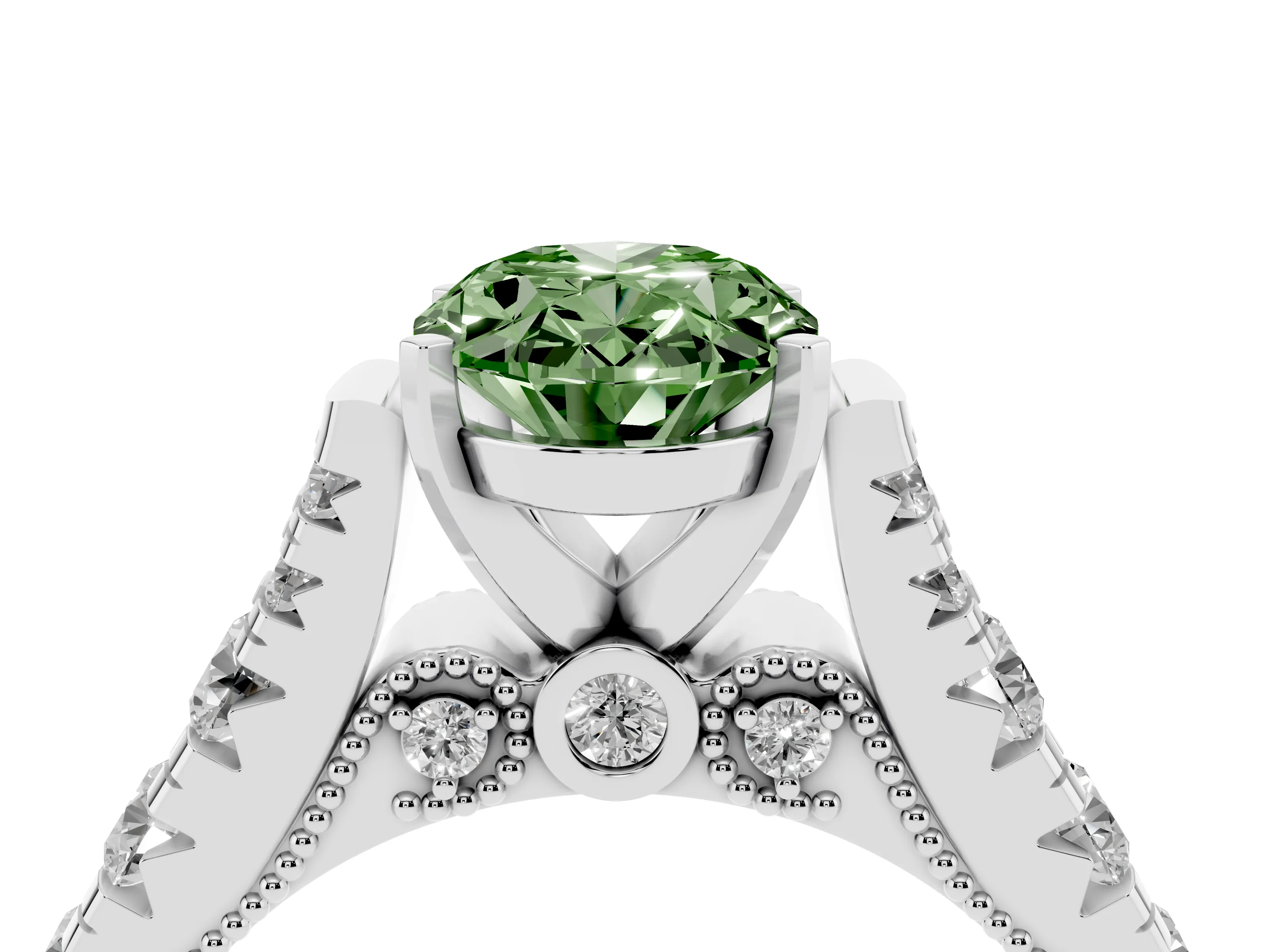 Fancy Green Oval Cut Diamond Classic Solitaire Ring Set in Platinum with Pavé Band and Prong Setting