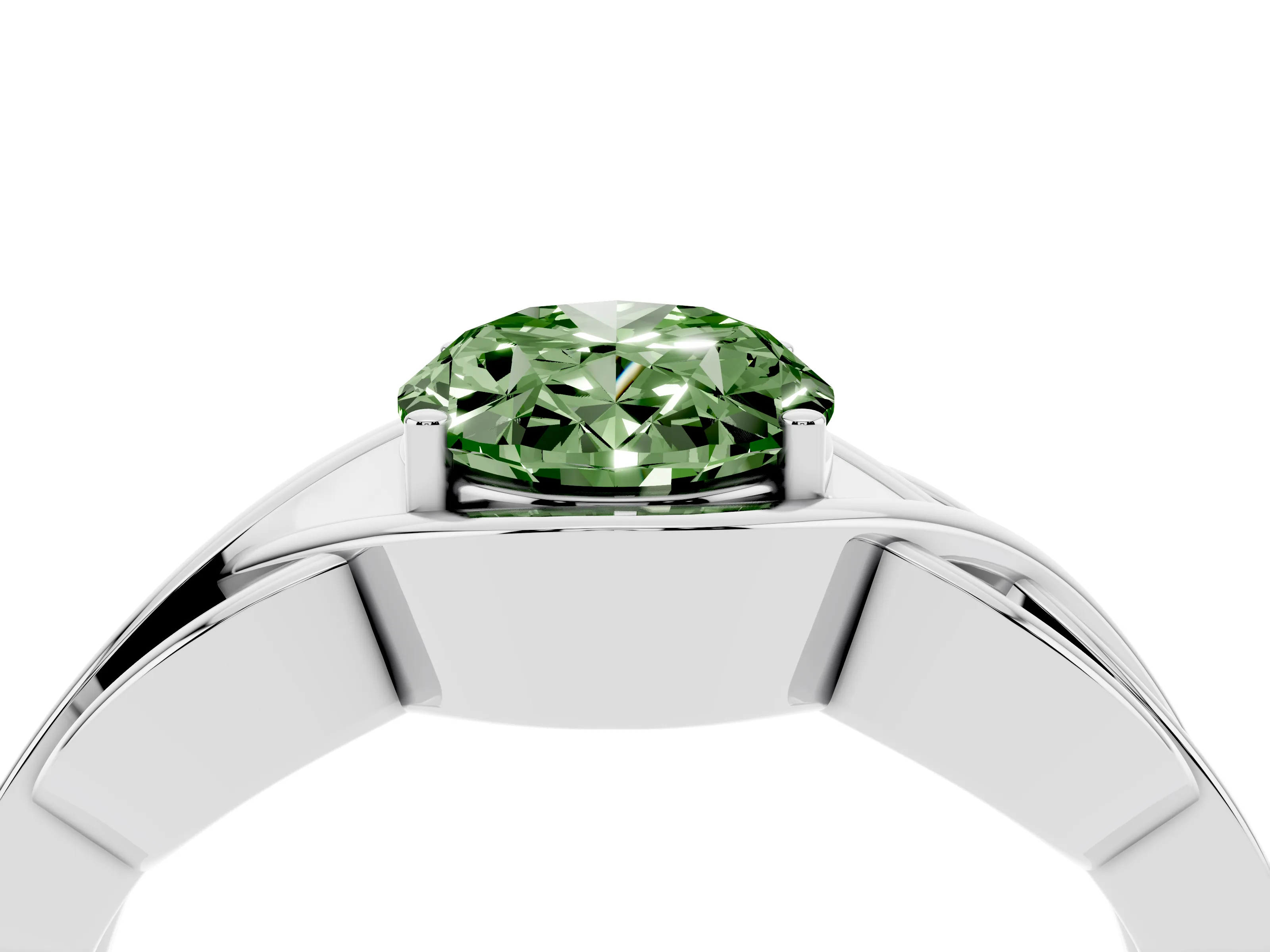 Fancy Green Oval Cut Diamond Solitaire Ring Set in Platinum with Intertwined Band
