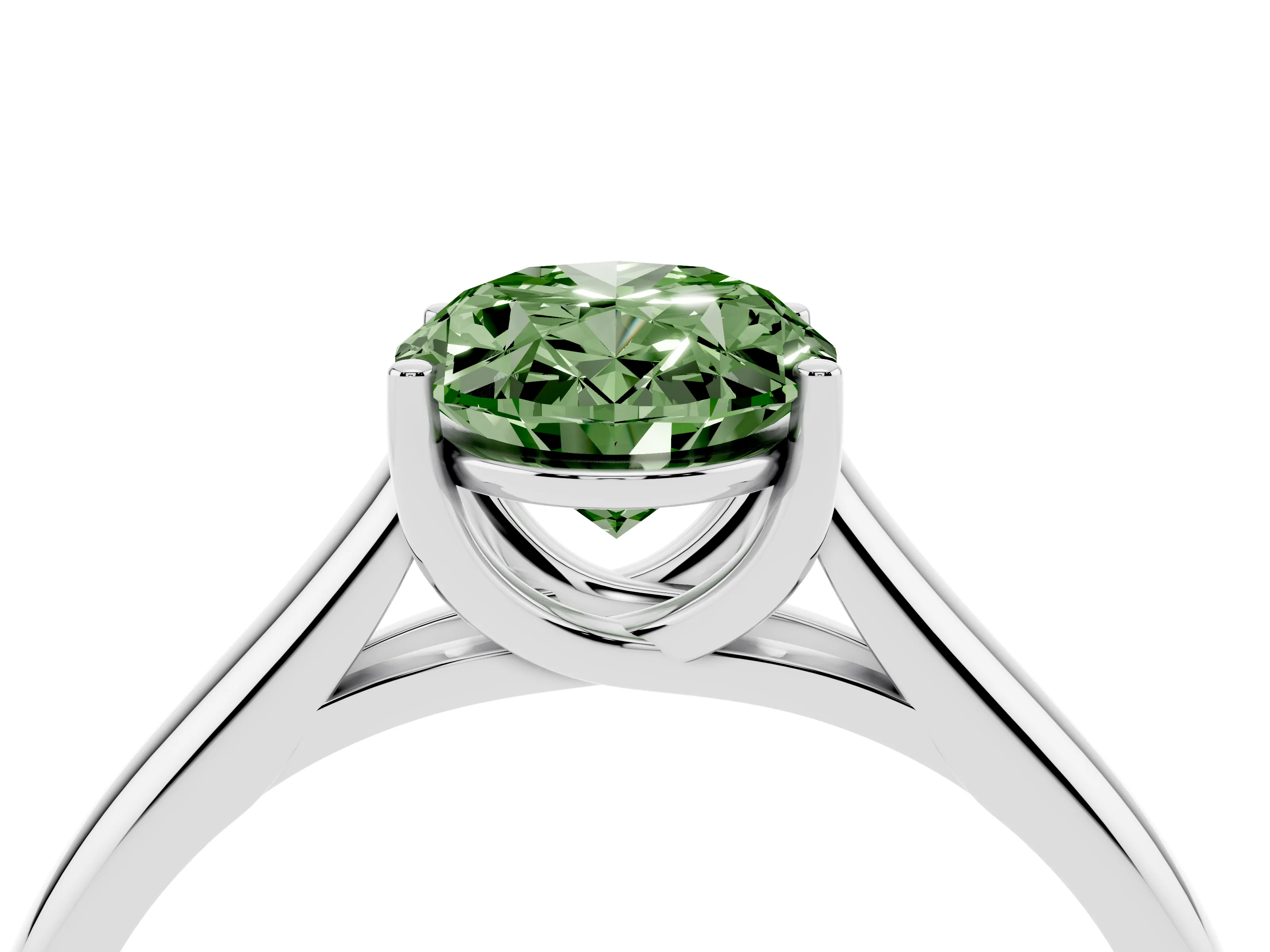 Fancy Green Oval Cut Diamond Solitaire Engagement Ring Set in White gold with Subtly Tapered Band and Prong Setting