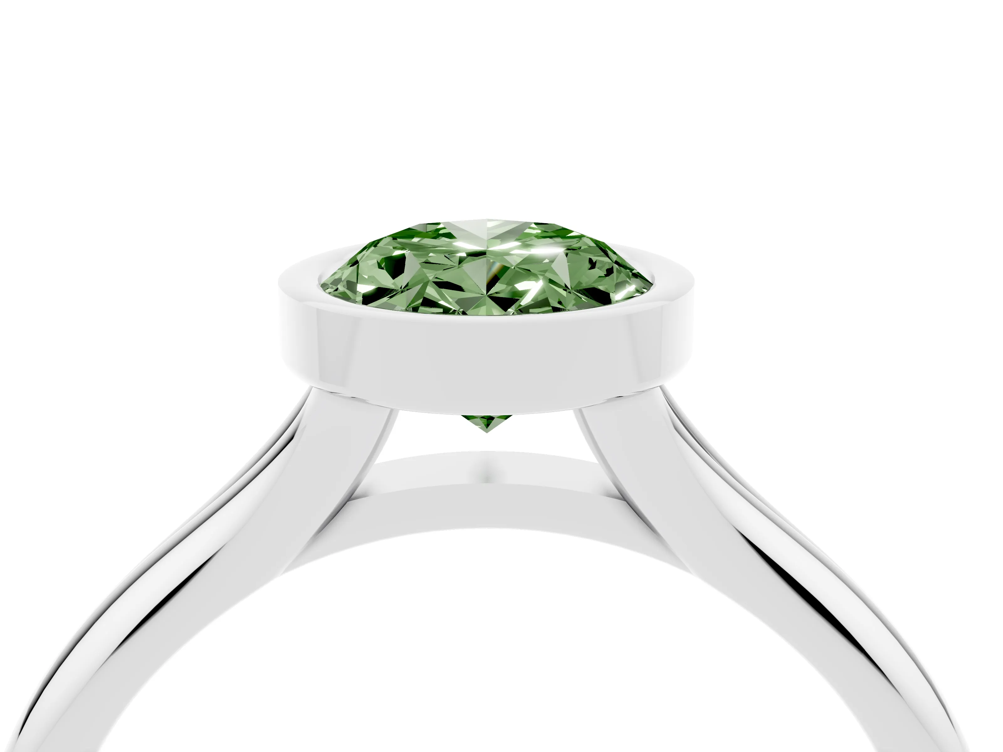Fancy Green Bezel Set Oval Cut Diamond Solitaire Ring Set in Platinum with Smooth Band
