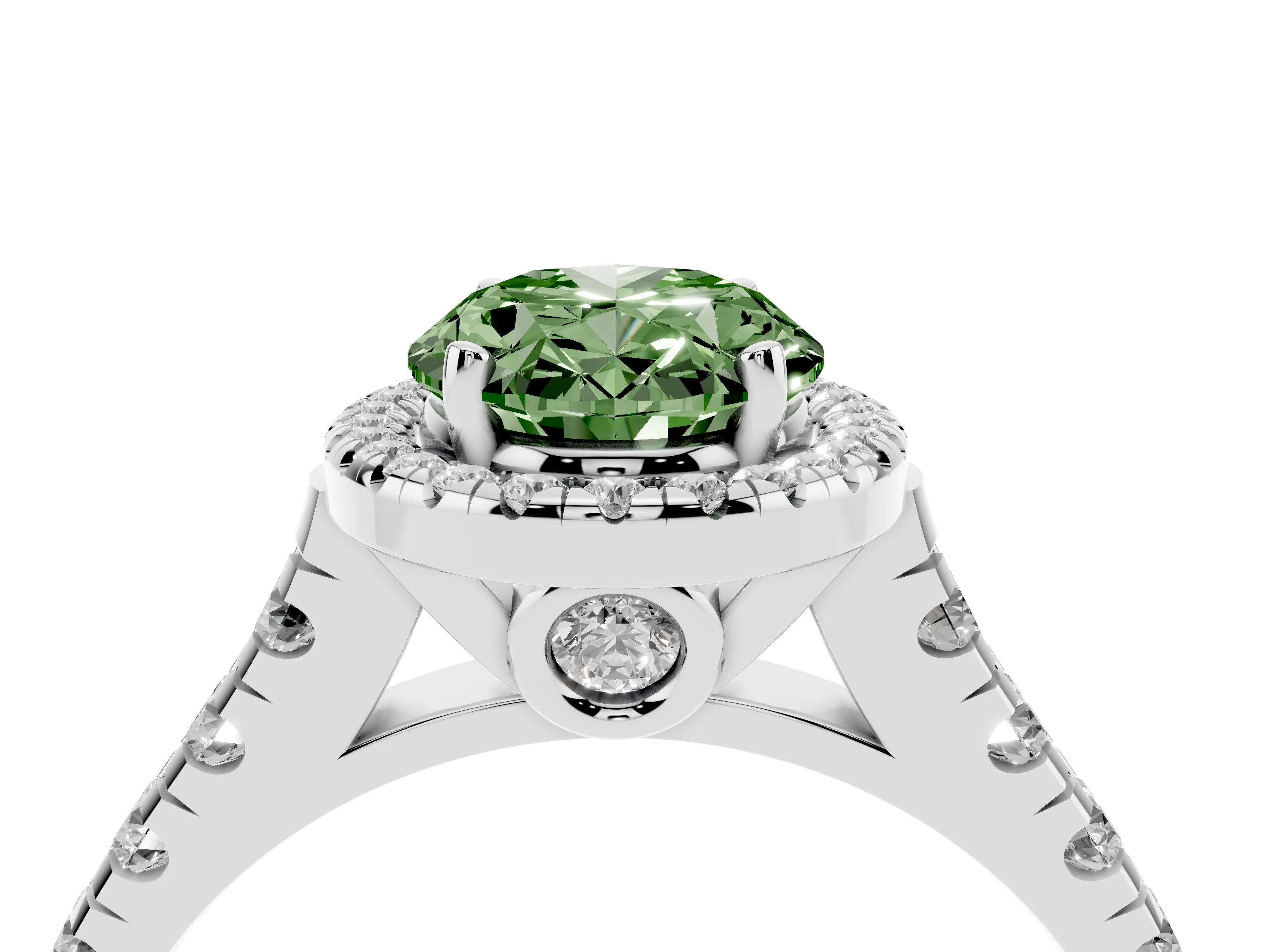 Fancy Green Oval Cut Diamond Halo Engagement Ring Set in White gold with Pavé Band and Prong-Set Center