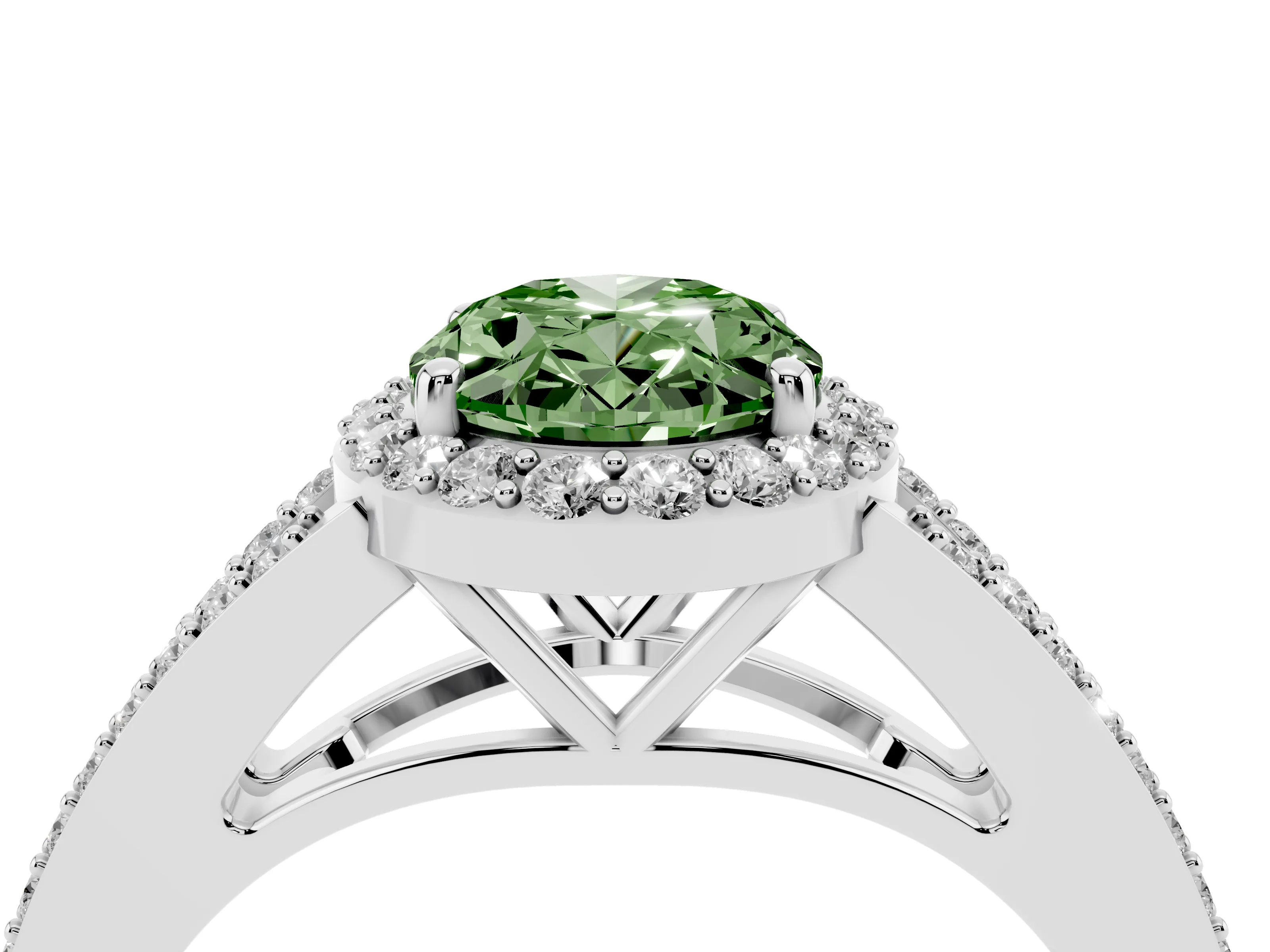 Fancy Green Oval Cut Diamond Halo Split Shank Ring Set in White gold with Accent Stones and Prong Setting